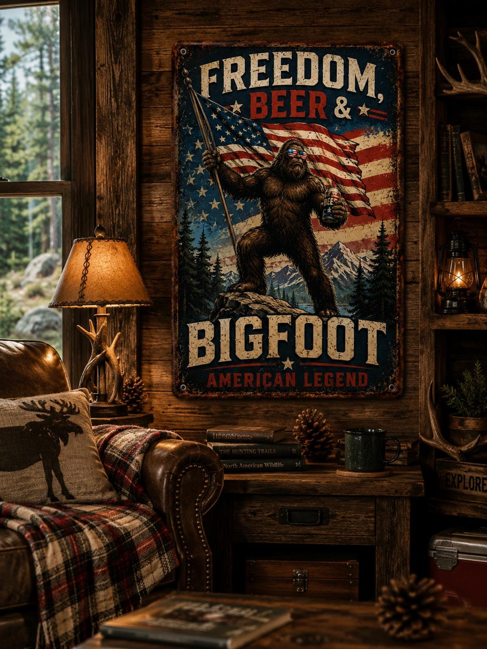 Freedom Beer & Bigfoot Metal Sign, Patriotic Sasquatch Wall Decor, American Legend Tin Sign, Funny Man Cave Bar Decor, Rustic Cabin Wall Art