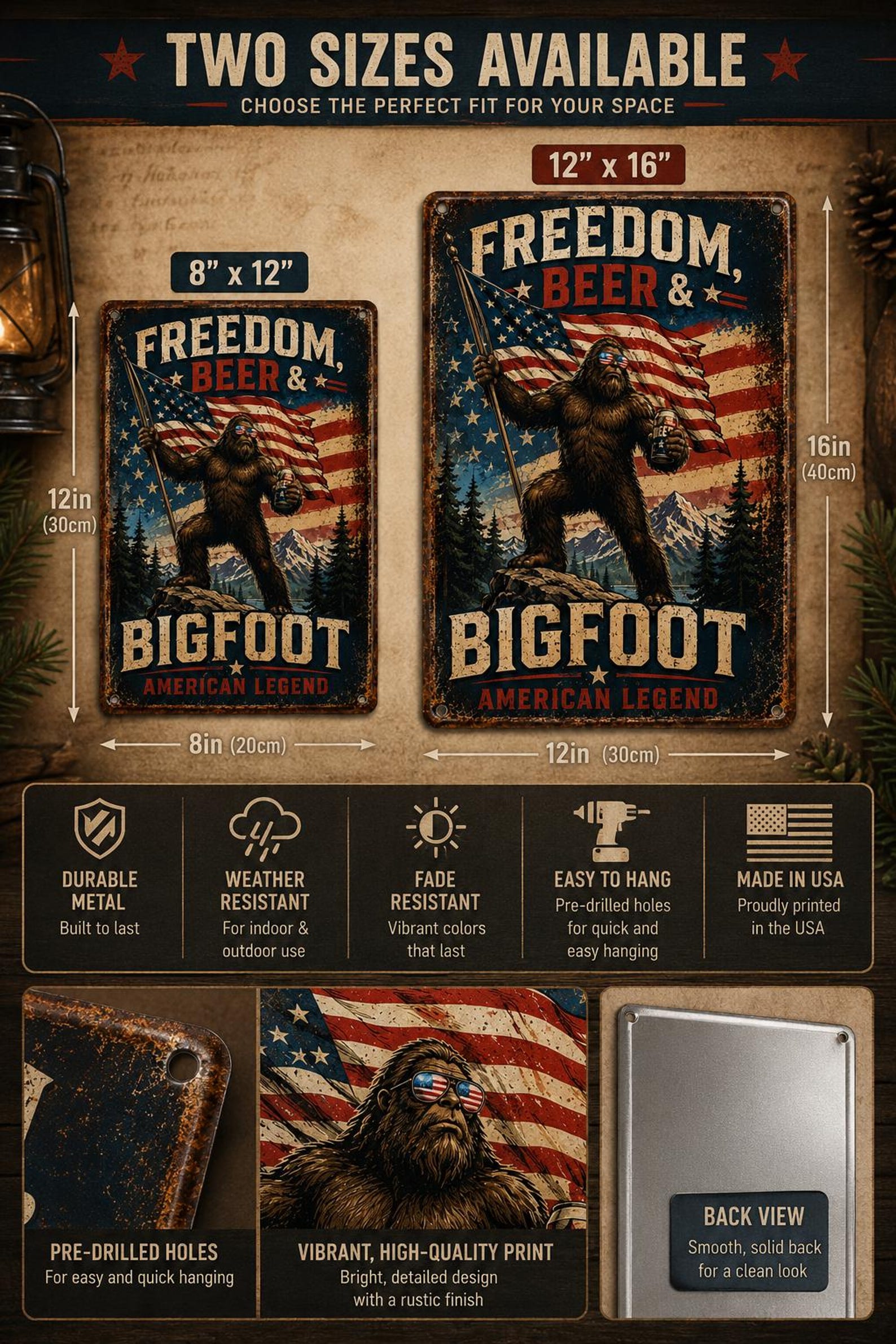 Freedom Beer & Bigfoot Metal Sign, Patriotic Sasquatch Wall Decor, American Legend Tin Sign, Funny Man Cave Bar Decor, Rustic Cabin Wall Art
