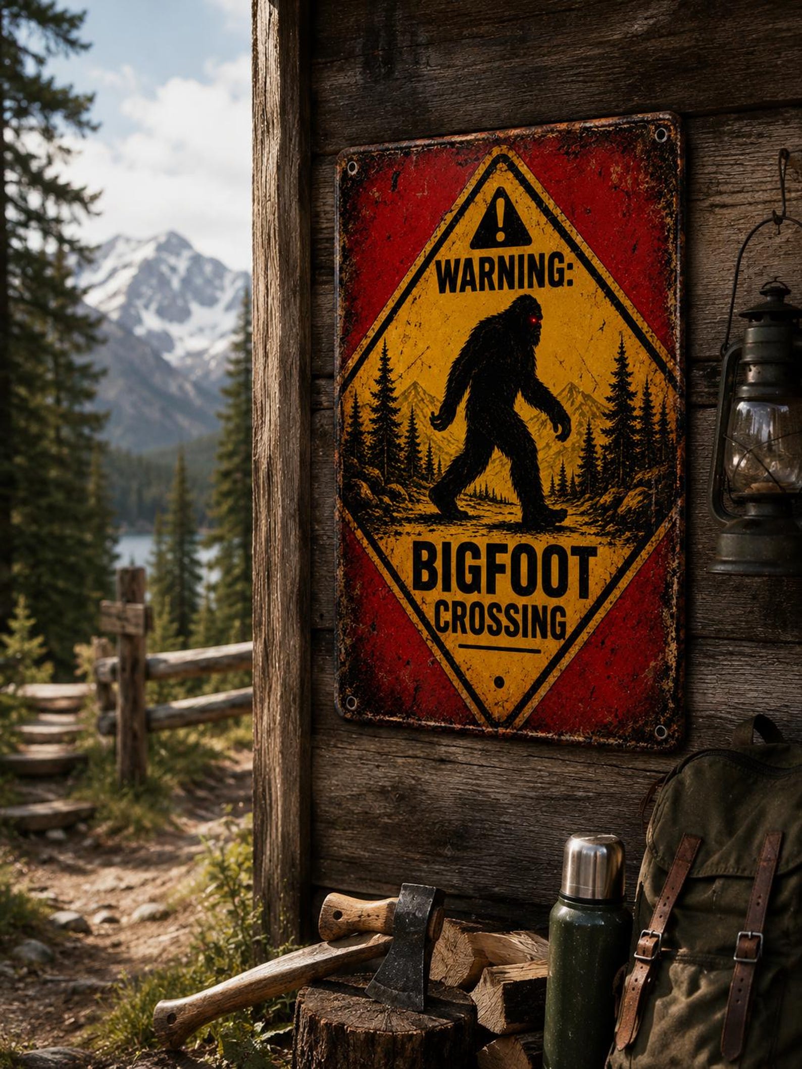 Bigfoot Crossing Metal Sign, Vintage Sasquatch Warning Sign, Rustic Cabin Wall Decor, Funny Outdoor Tin Sign, Man Cave Hunting Lodge Decor