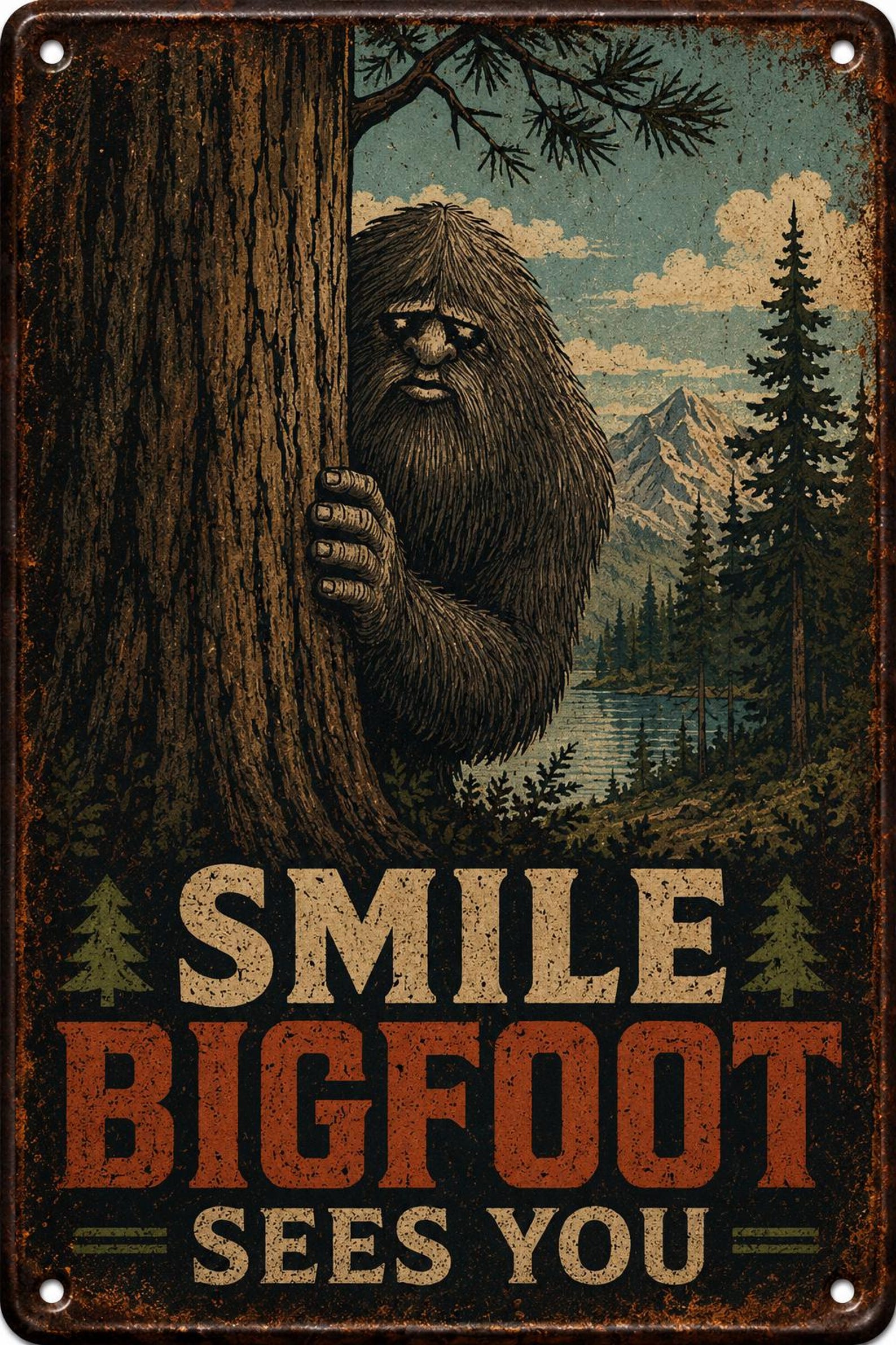 Smile Bigfoot Sees You Metal Sign, Funny Sasquatch Warning Sign, Rustic Cabin Wall Decor, Bigfoot Watching You Tin Sign, Privacy Sign