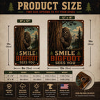 Smile Bigfoot Sees You Metal Sign, Funny Sasquatch Warning Sign, Rustic Cabin Wall Decor, Bigfoot Watching You Tin Sign, Privacy Sign