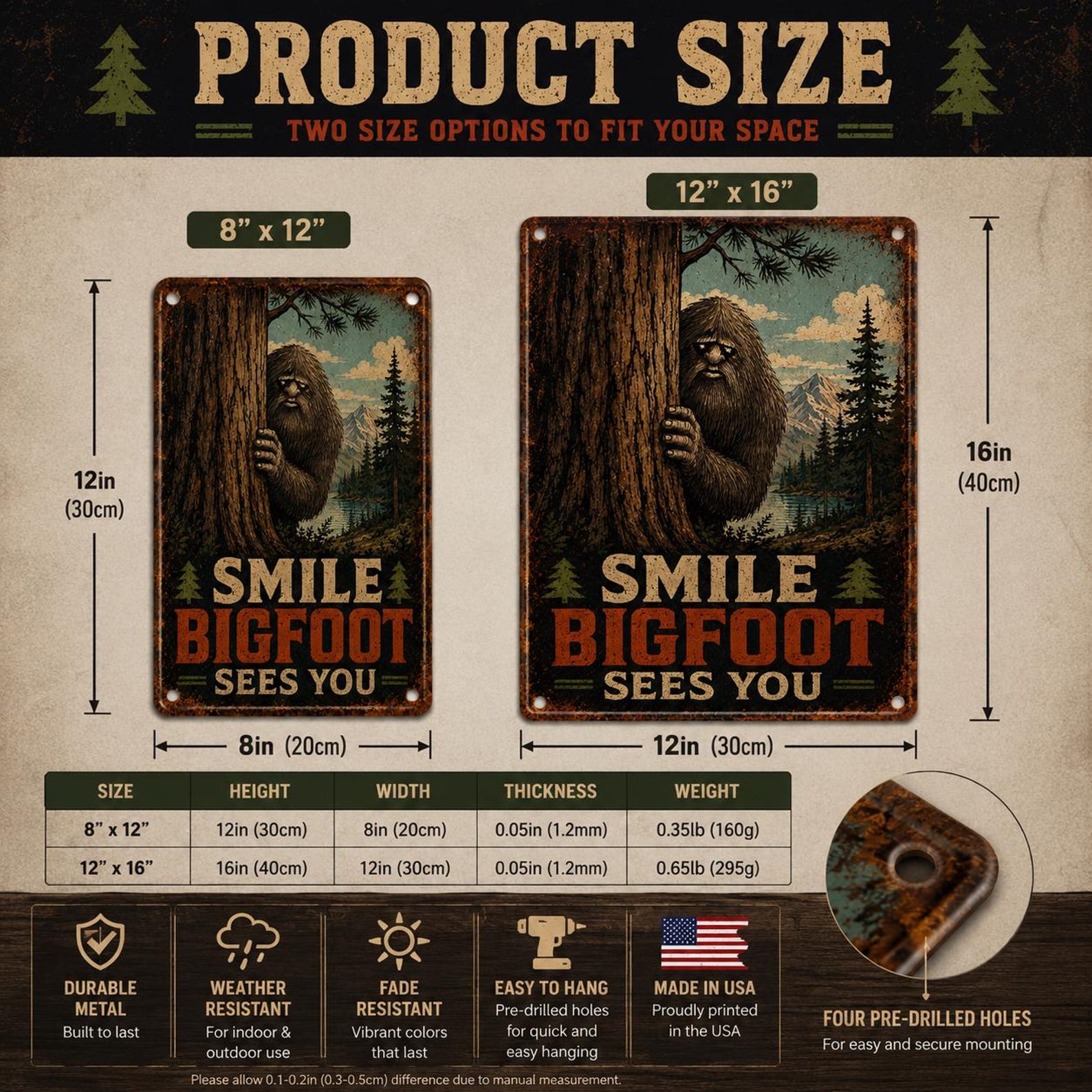 Smile Bigfoot Sees You Metal Sign, Funny Sasquatch Warning Sign, Rustic Cabin Wall Decor, Bigfoot Watching You Tin Sign, Privacy Sign