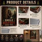 Smile Bigfoot Sees You Metal Sign, Funny Sasquatch Warning Sign, Rustic Cabin Wall Decor, Bigfoot Watching You Tin Sign, Privacy Sign
