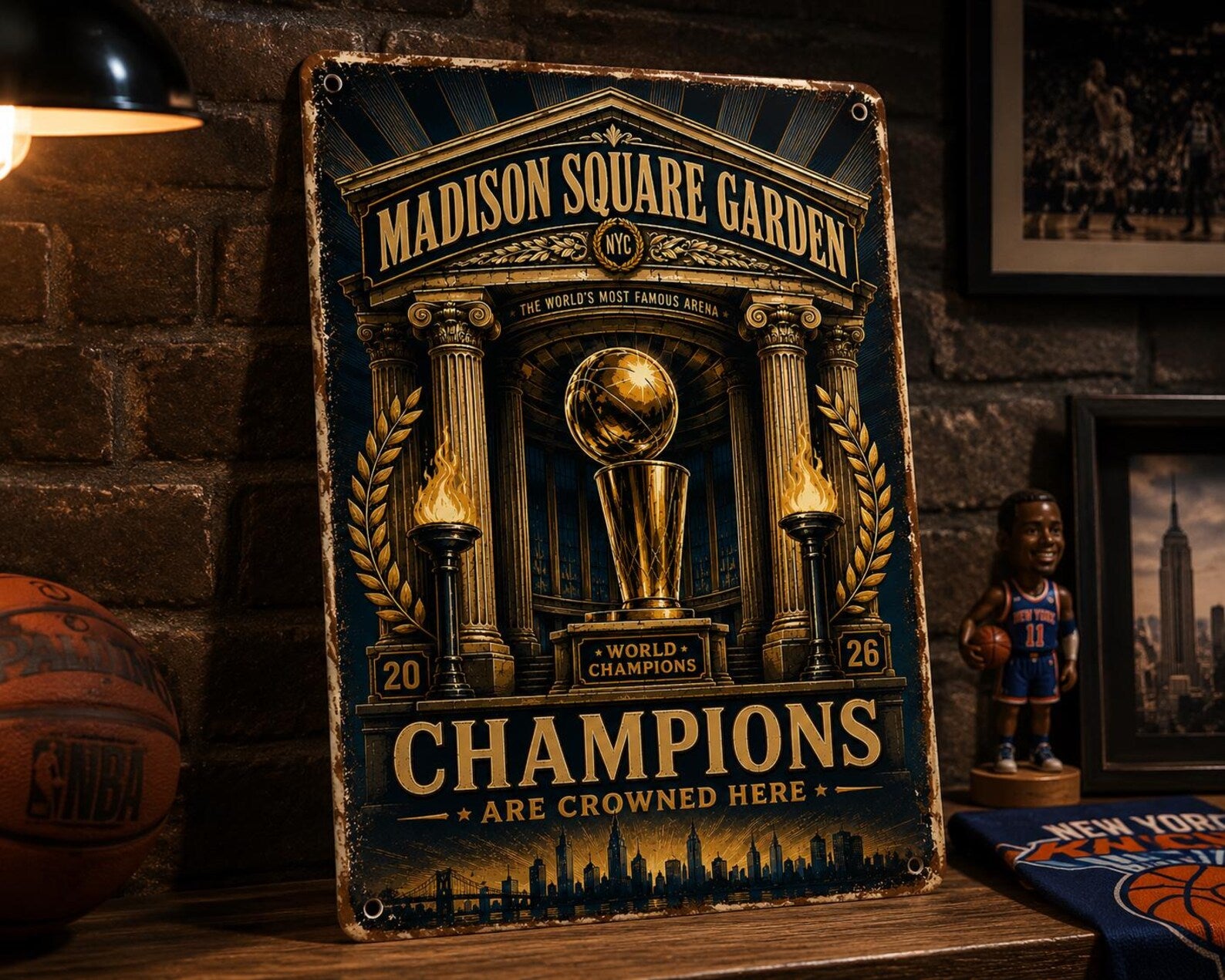Madison Square Garden World Champions 2026 Vintage Metal Sign | Champions Are Crowned Here NYC Basketball Wall Decor | Retro Sports Tin