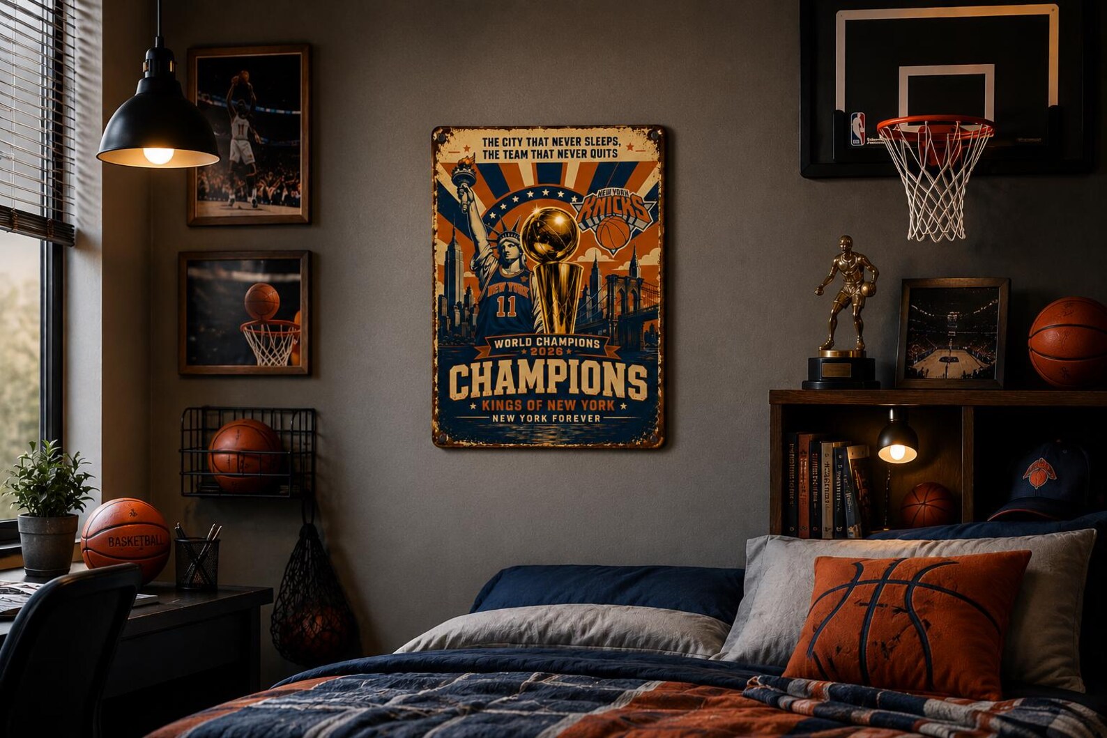 New York Champions 2026 Vintage Metal Sign | Kings of New York Basketball Wall Art | World Champions Retro Sports Tin Sign