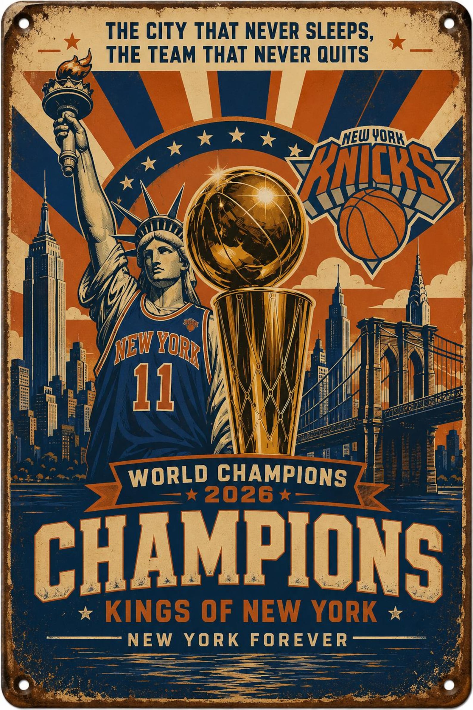 New York Champions 2026 Vintage Metal Sign | Kings of New York Basketball Wall Art | World Champions Retro Sports Tin Sign