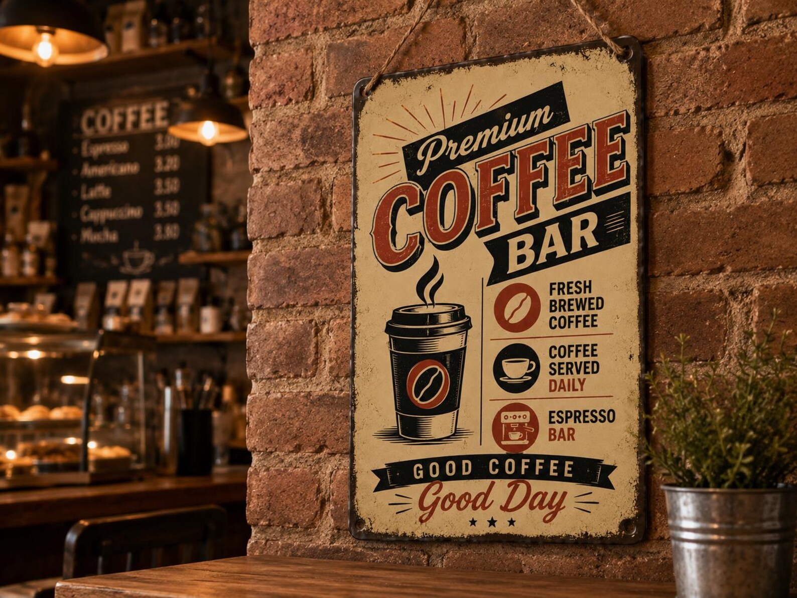 Vintage Coffee Bar Metal Sign, Retro Cafe Wall Decor, Farmhouse Kitchen Art