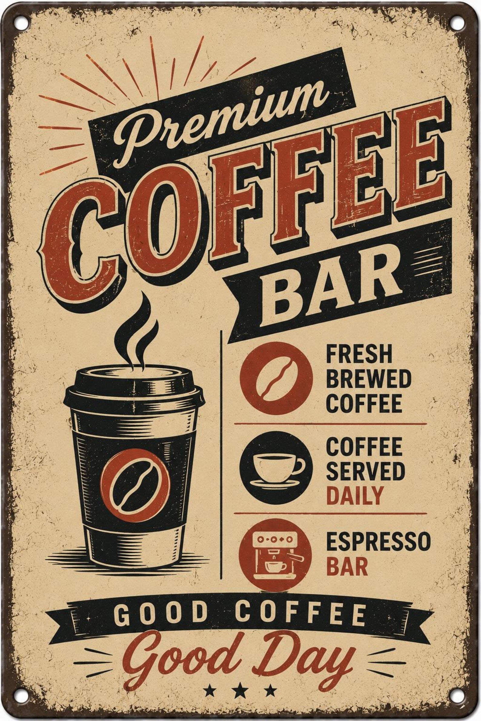 Vintage Coffee Bar Metal Sign, Retro Cafe Wall Decor, Farmhouse Kitchen Art