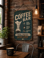 Retro Pour Over Coffee Bar Metal Sign, Artisan Brew Kitchen Art