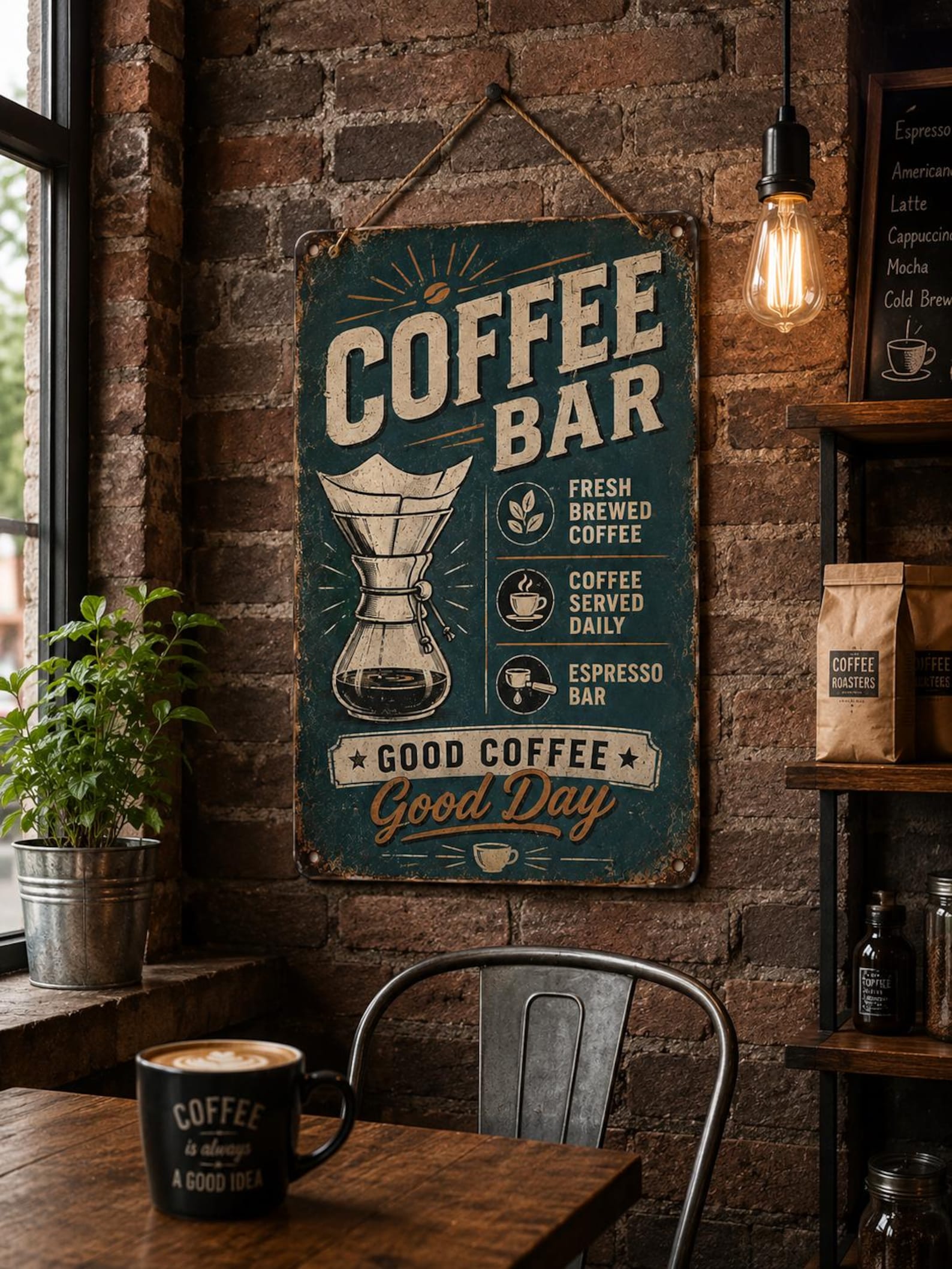 Retro Pour Over Coffee Bar Metal Sign, Artisan Brew Kitchen Art