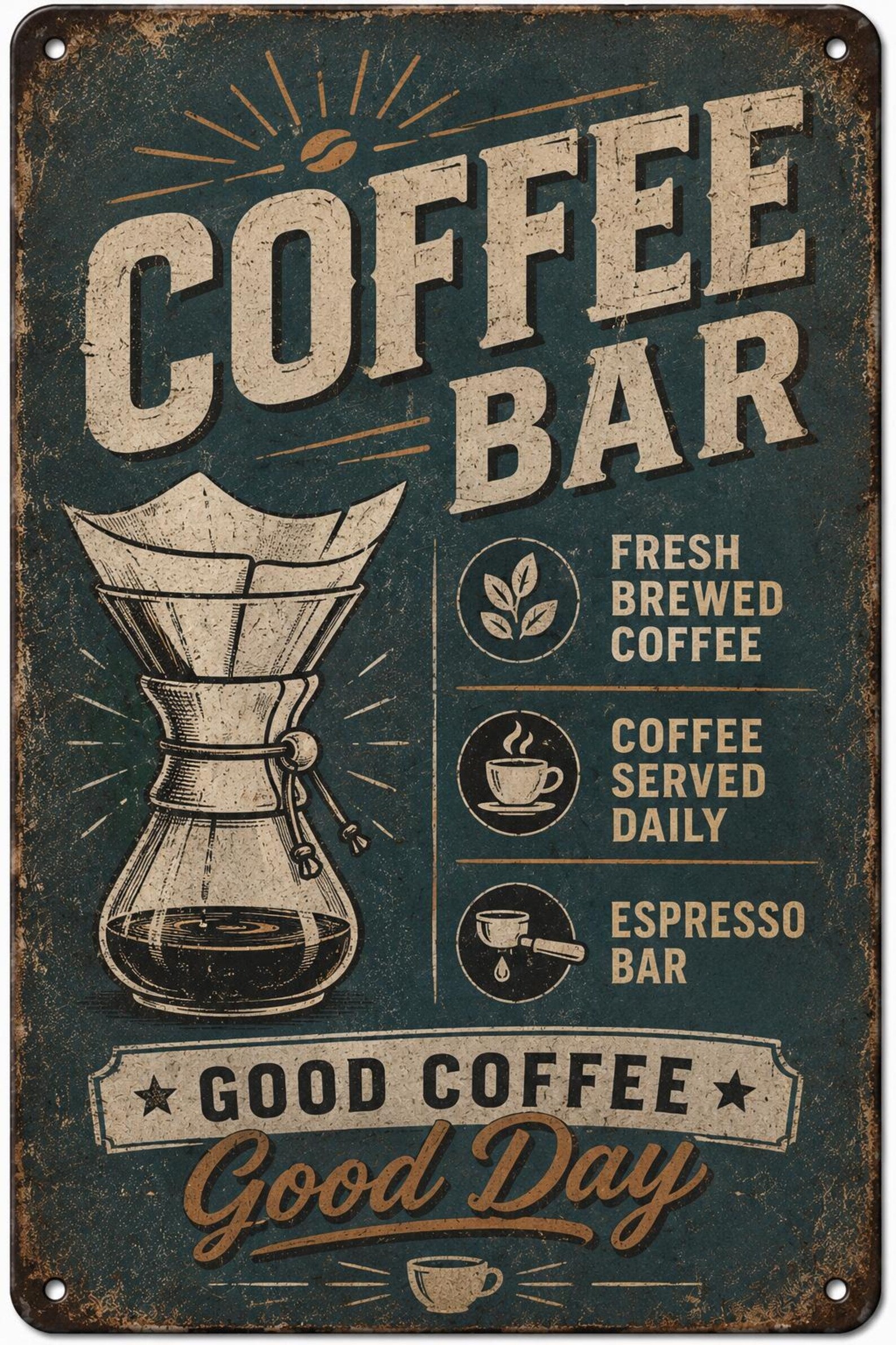 Retro Pour Over Coffee Bar Metal Sign, Artisan Brew Kitchen Art