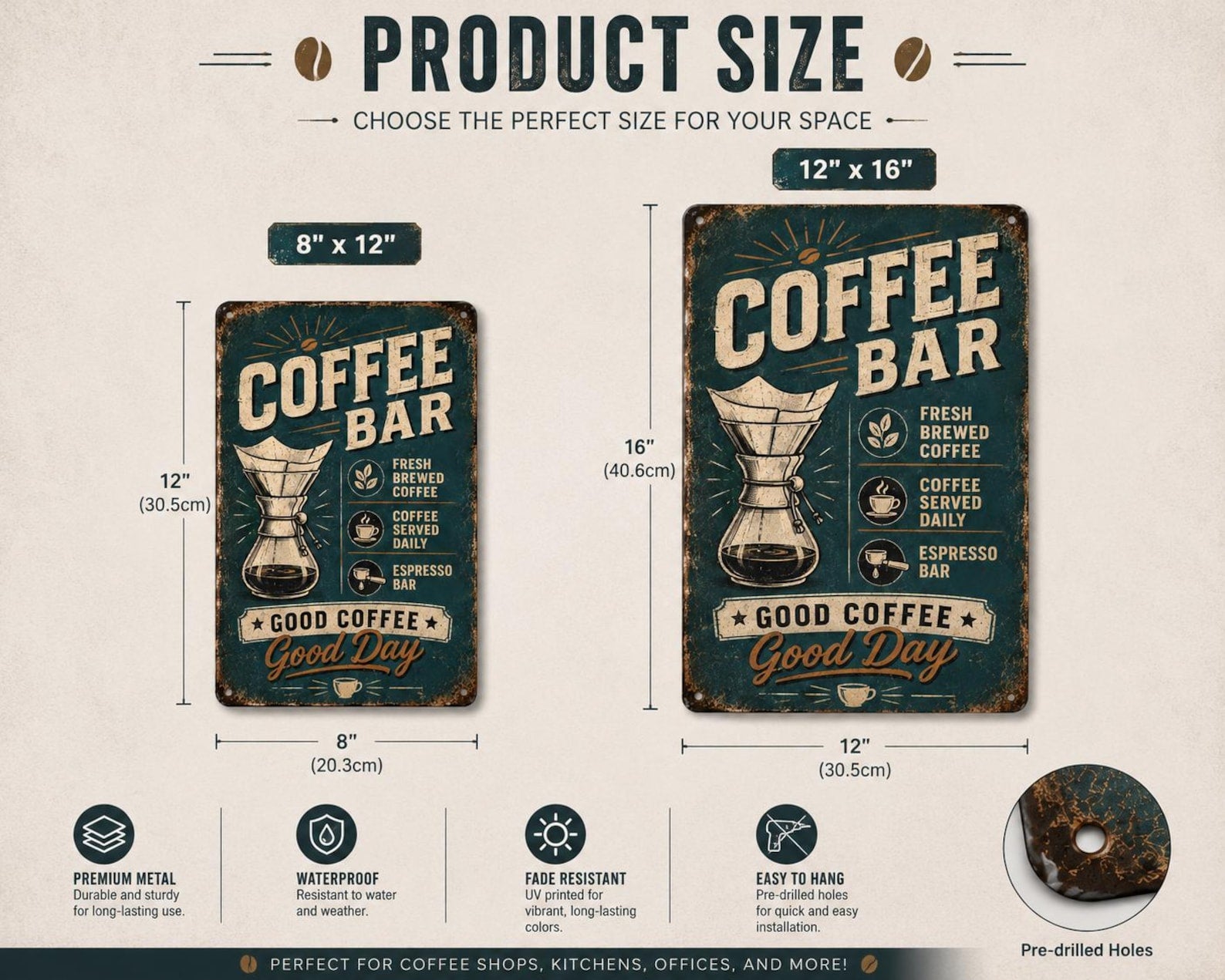 Retro Pour Over Coffee Bar Metal Sign, Artisan Brew Kitchen Art