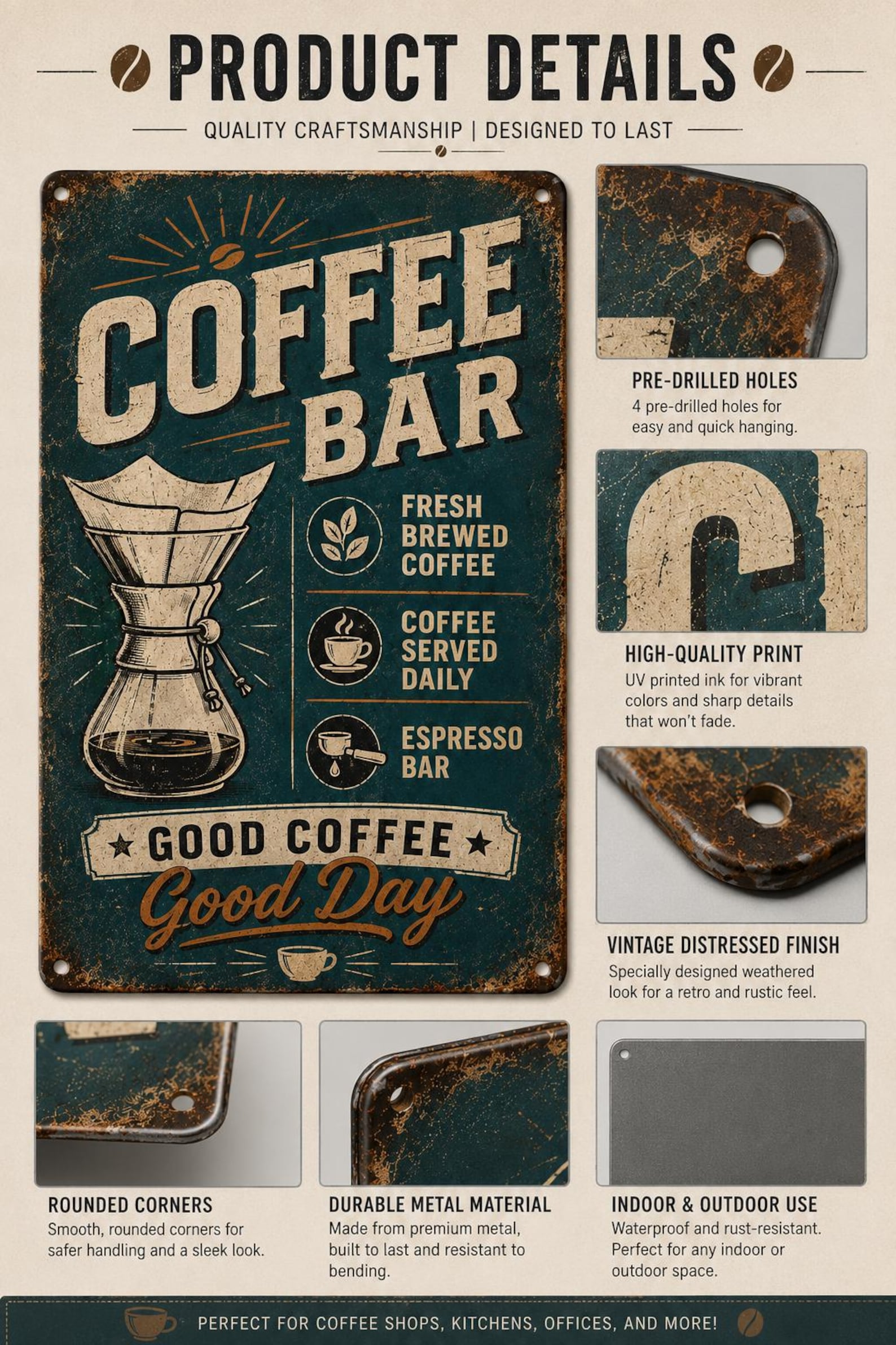 Retro Pour Over Coffee Bar Metal Sign, Artisan Brew Kitchen Art