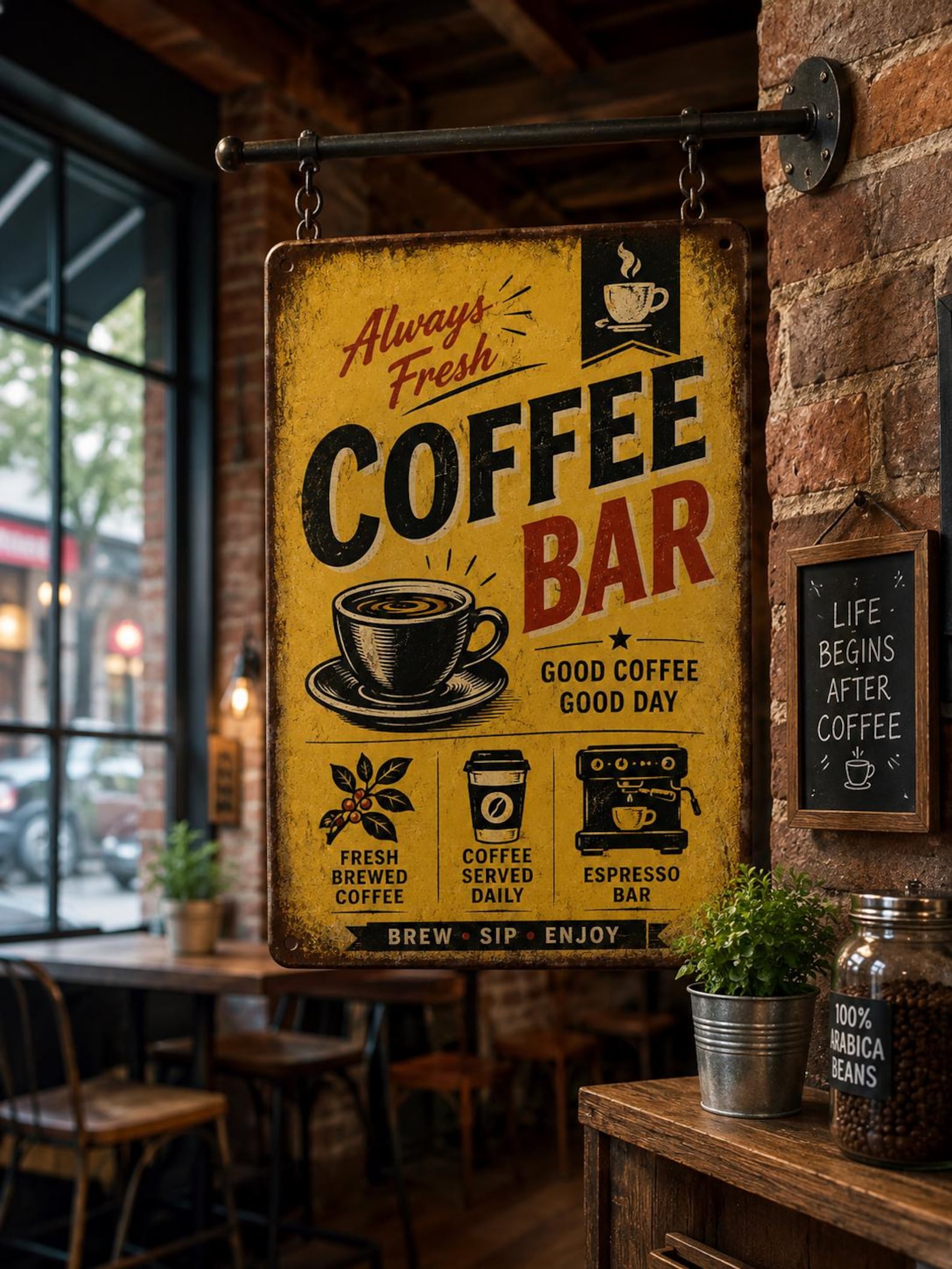 Retro Coffee Bar Metal Sign, Vintage Cafe Wall Art, Fresh Brewed Coffee Decor