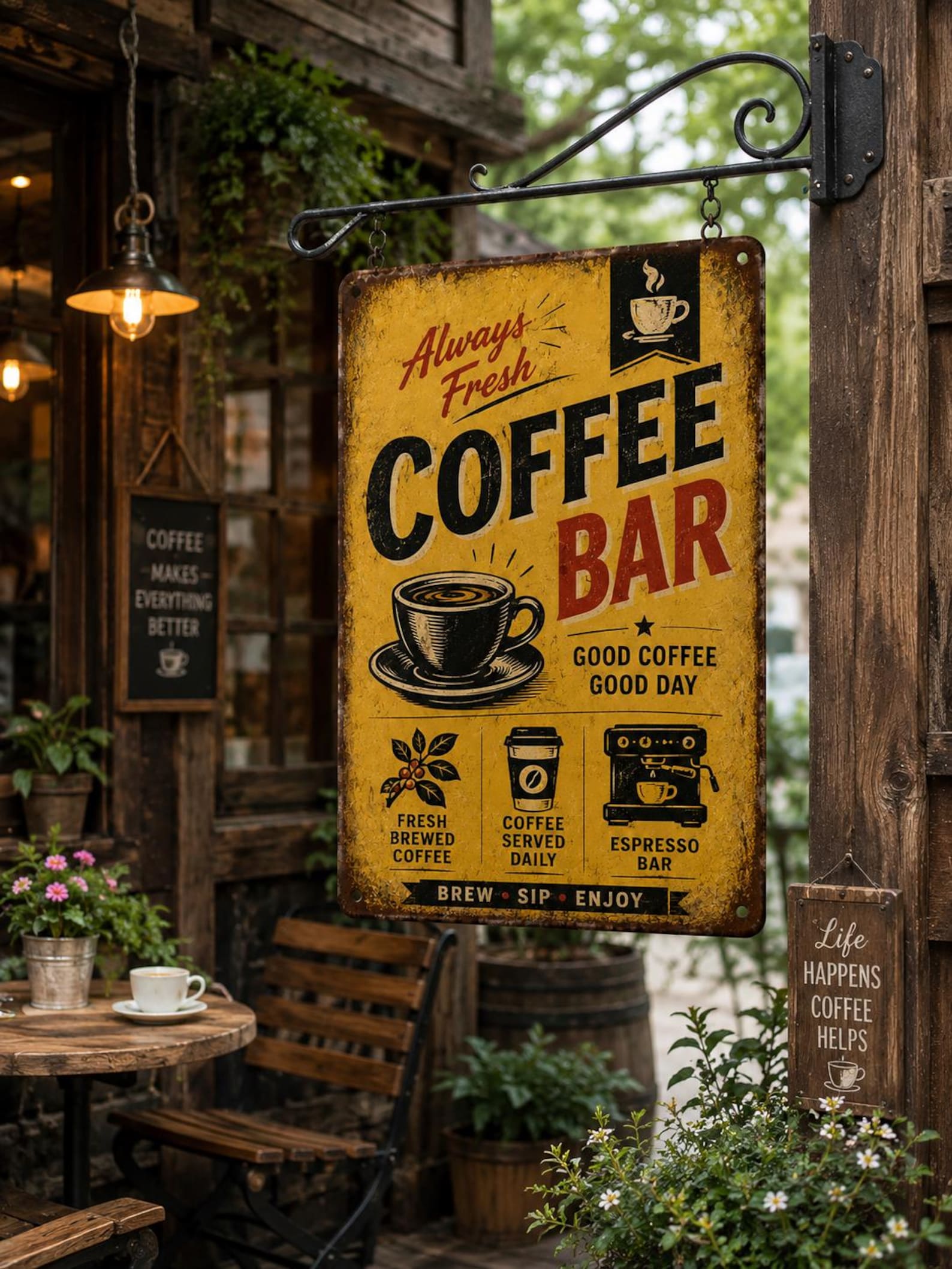 Retro Coffee Bar Metal Sign, Vintage Cafe Wall Art, Fresh Brewed Coffee Decor