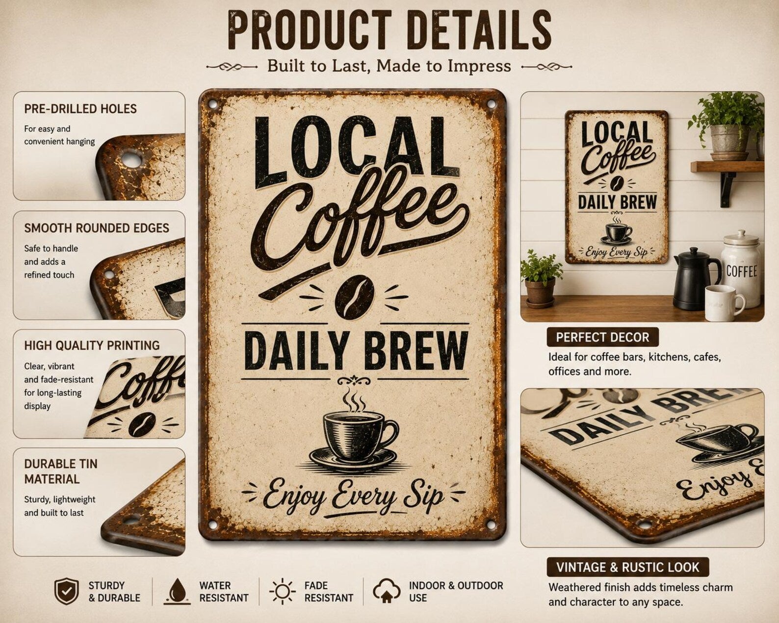 Local Coffee Daily Brew Sign, Vintage Kitchen Wall Decor, Rustic Coffee Art