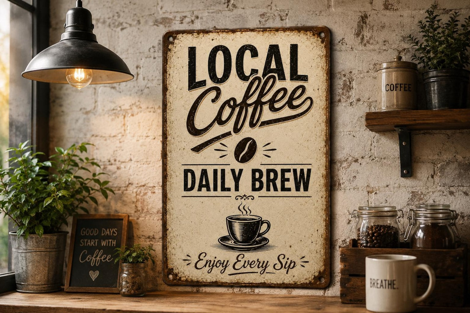 Local Coffee Daily Brew Sign, Vintage Kitchen Wall Decor, Rustic Coffee Art