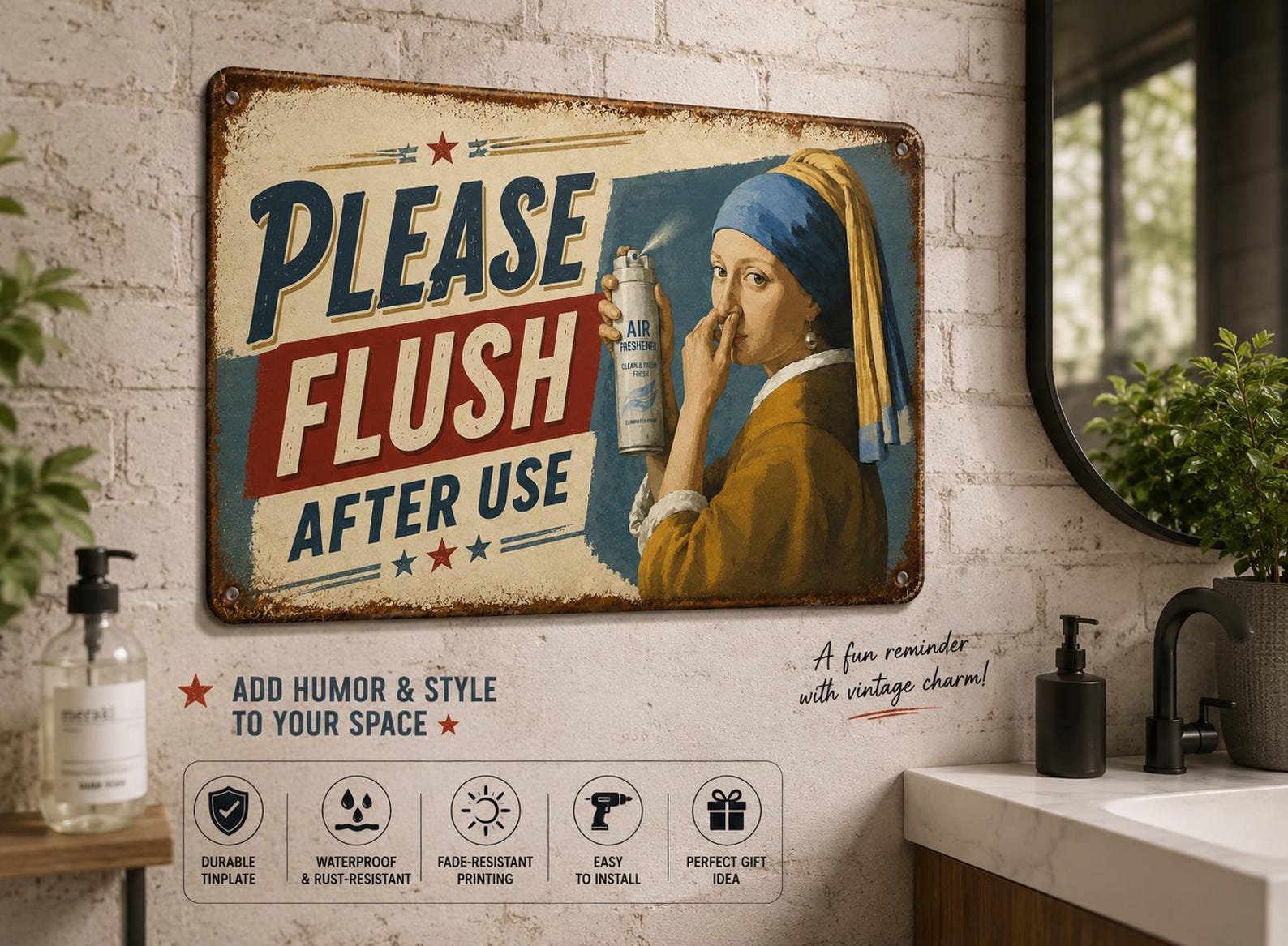 Vintage Metal Sign, Please Flush After Use, Funny Bathroom Decor