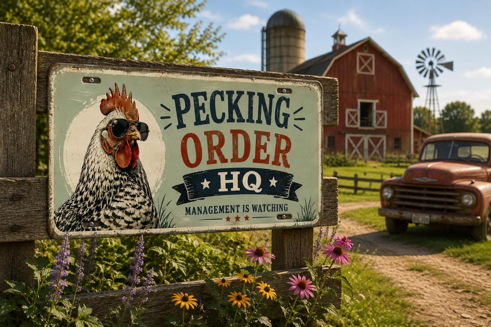 Pecking Order HQ Metal Sign, Funny Chicken Coop Boss Decor, Vintage Hen Wall Art