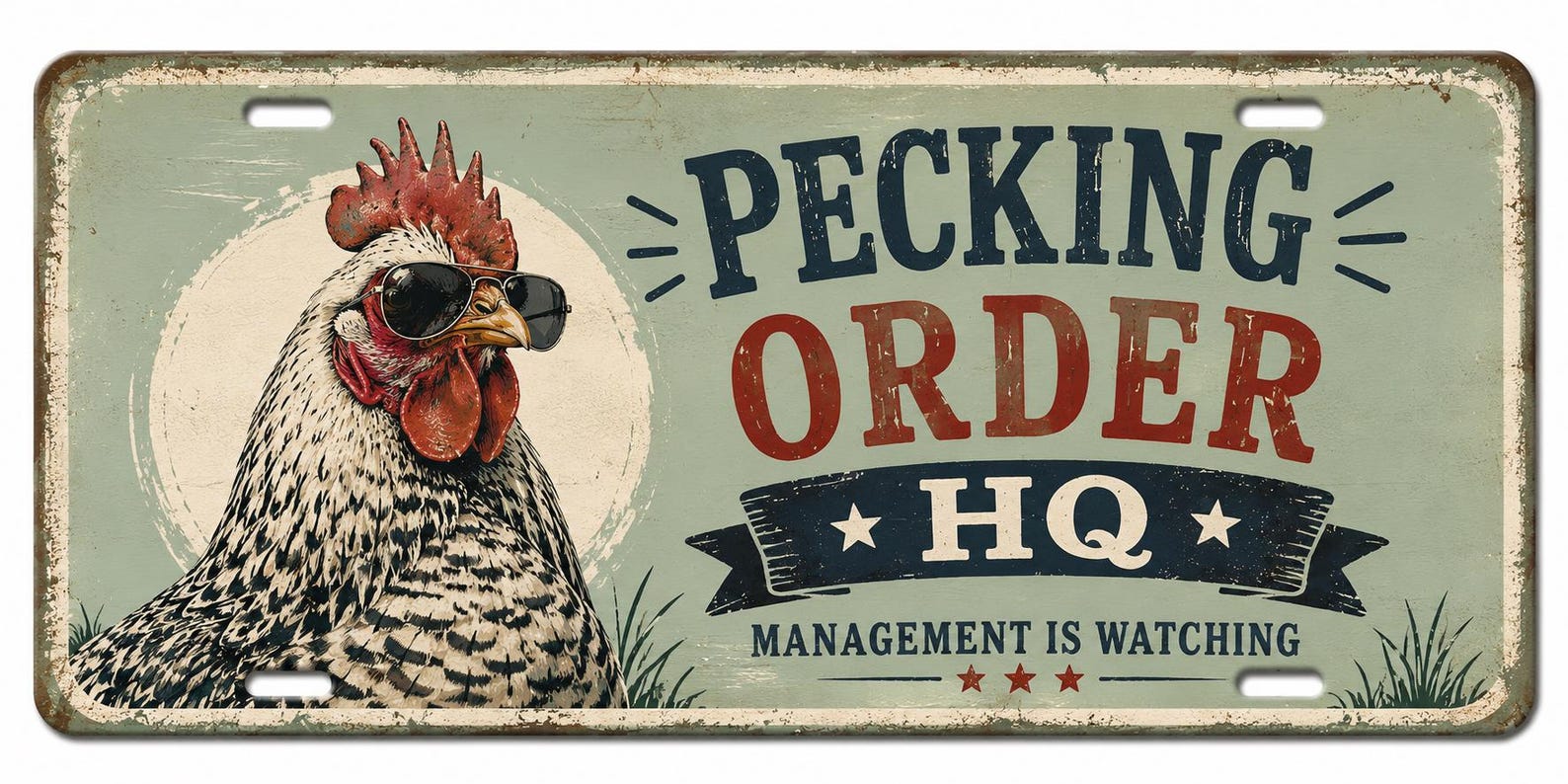 Pecking Order HQ Metal Sign, Funny Chicken Coop Boss Decor, Vintage Hen Wall Art