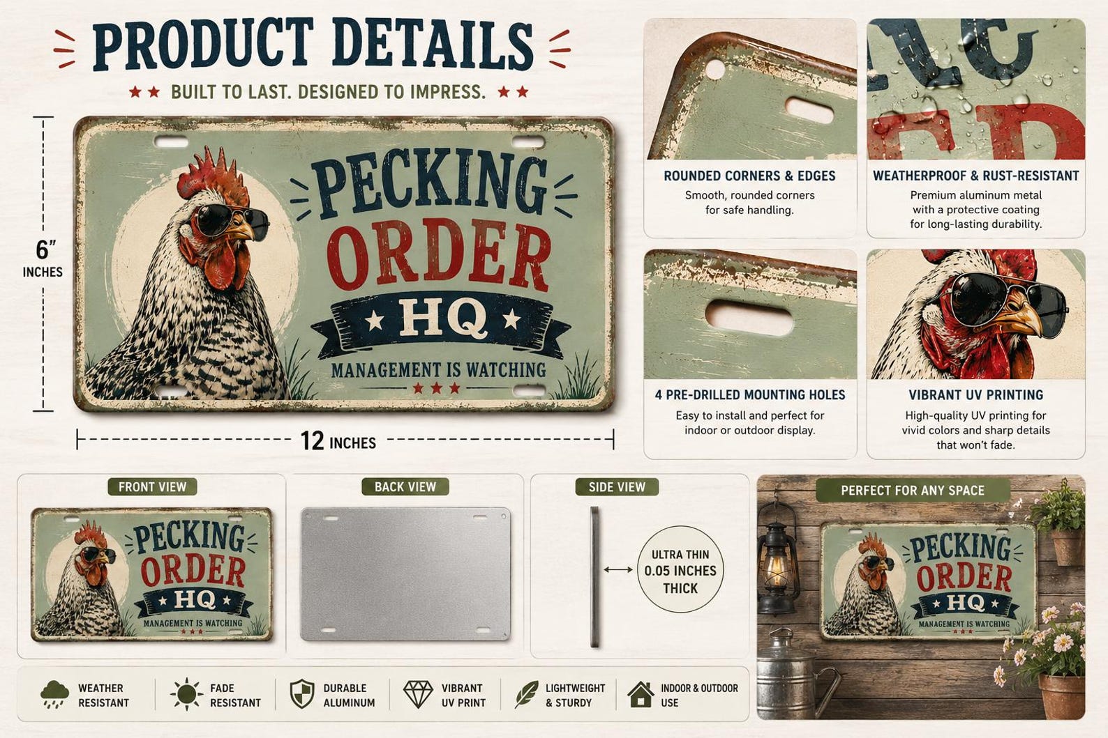 Pecking Order HQ Metal Sign, Funny Chicken Coop Boss Decor, Vintage Hen Wall Art