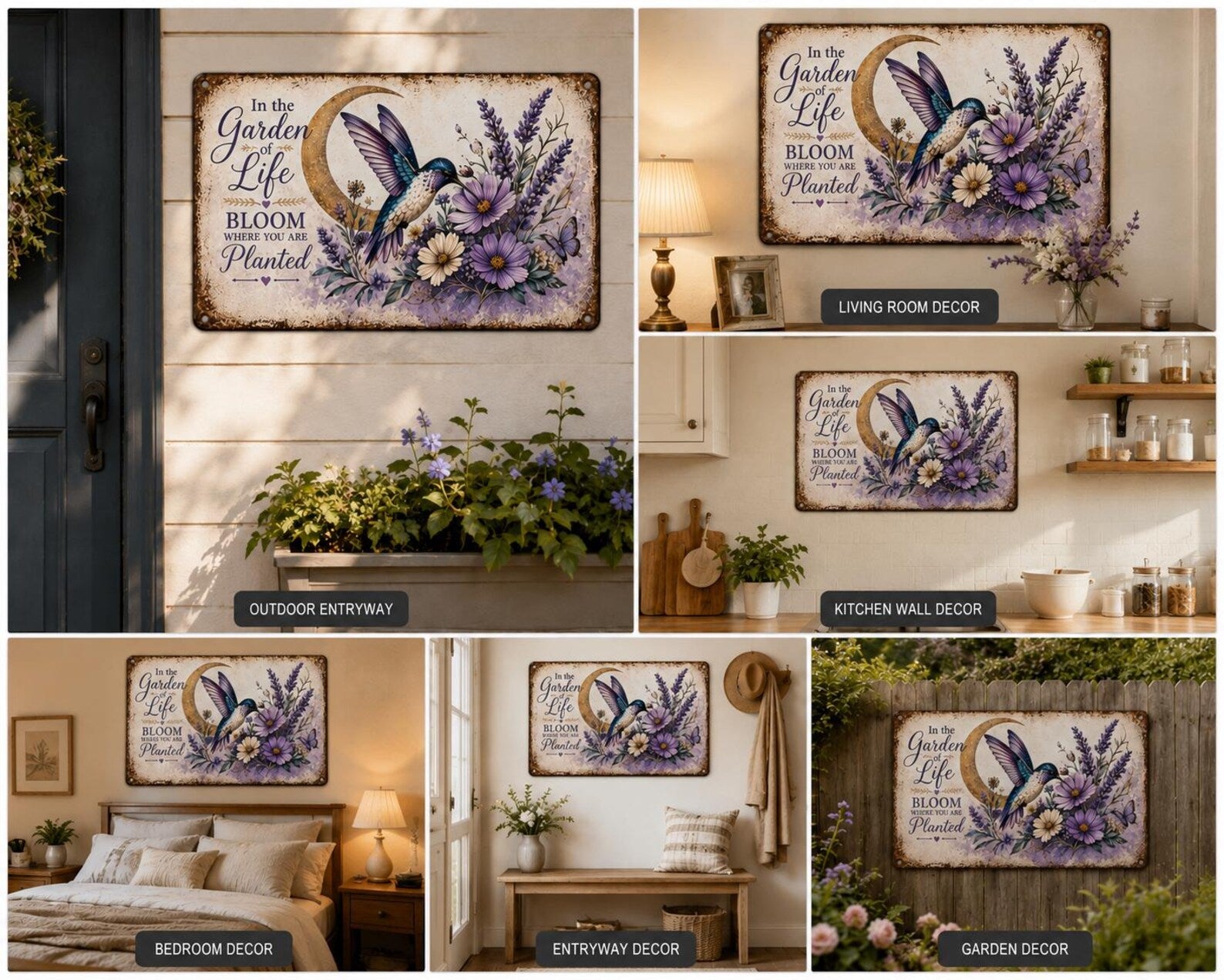 Vintage Hummingbird Floral Metal Sign, Inspirational Garden Wall Decor, Cottagecore Farmhouse Art