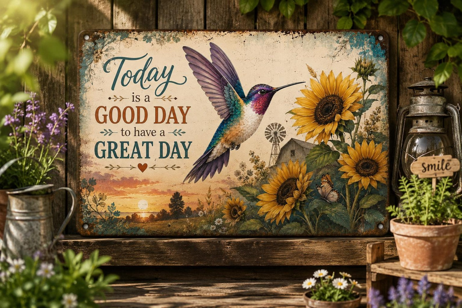 Sunflower Hummingbird Metal Sign, Rustic Farmhouse Wall Decor, Inspirational Quote (12x8 inches)