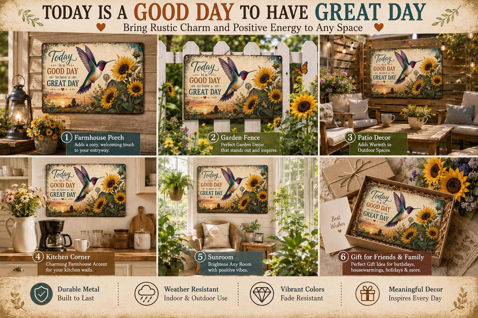 Sunflower Hummingbird Metal Sign, Rustic Farmhouse Wall Decor, Inspirational Quote (12x8 inches)