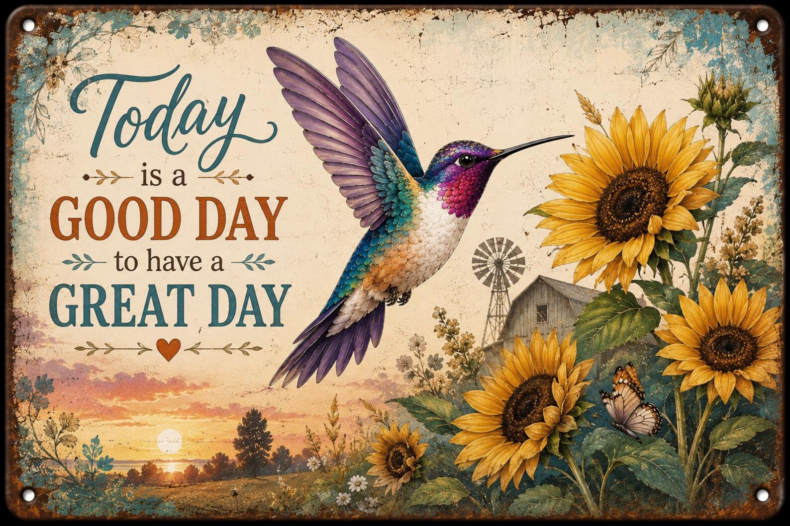 Sunflower Hummingbird Metal Sign, Rustic Farmhouse Wall Decor, Inspirational Quote (12x8 inches)