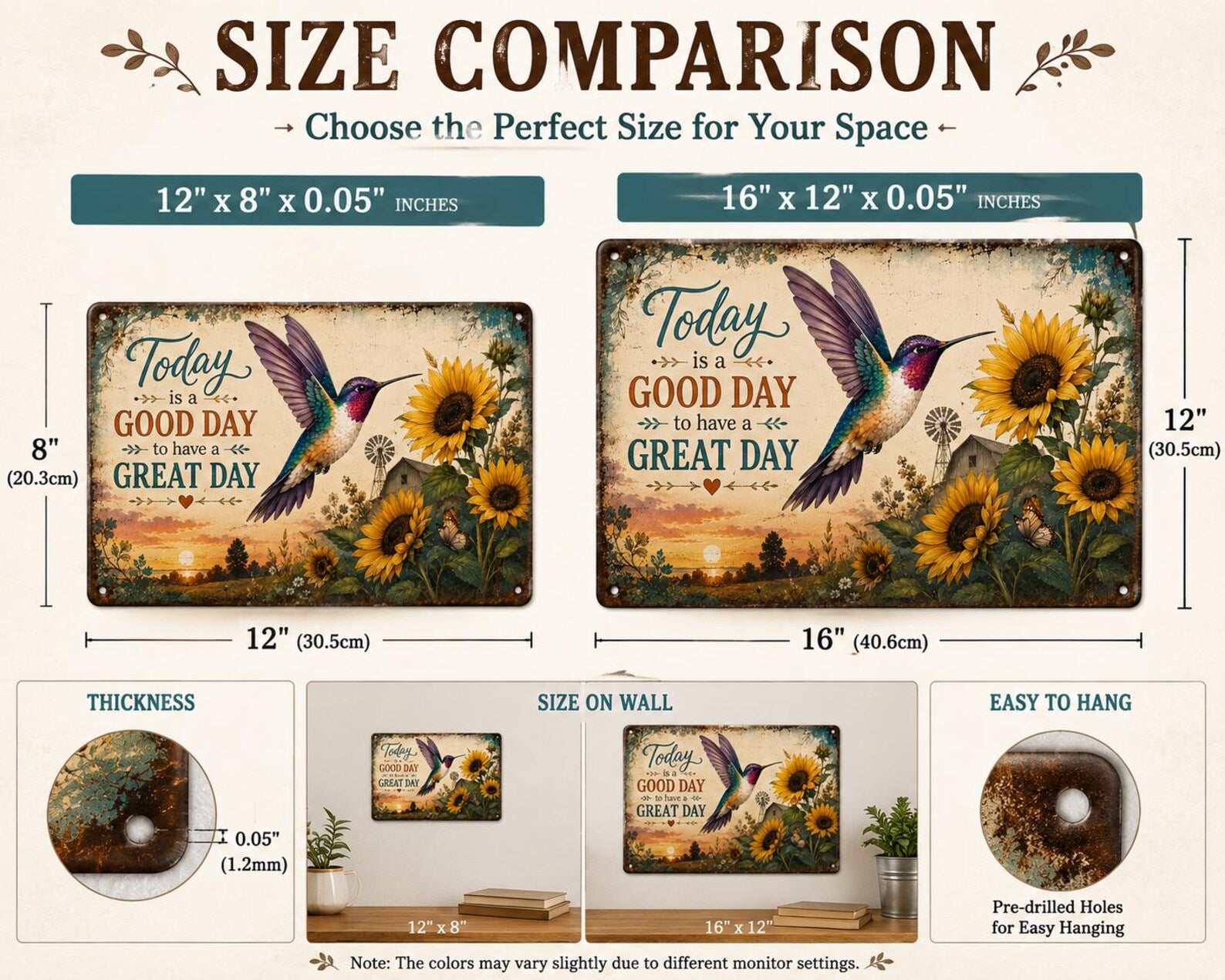 Sunflower Hummingbird Metal Sign, Rustic Farmhouse Wall Decor, Inspirational Quote (12x8 inches)