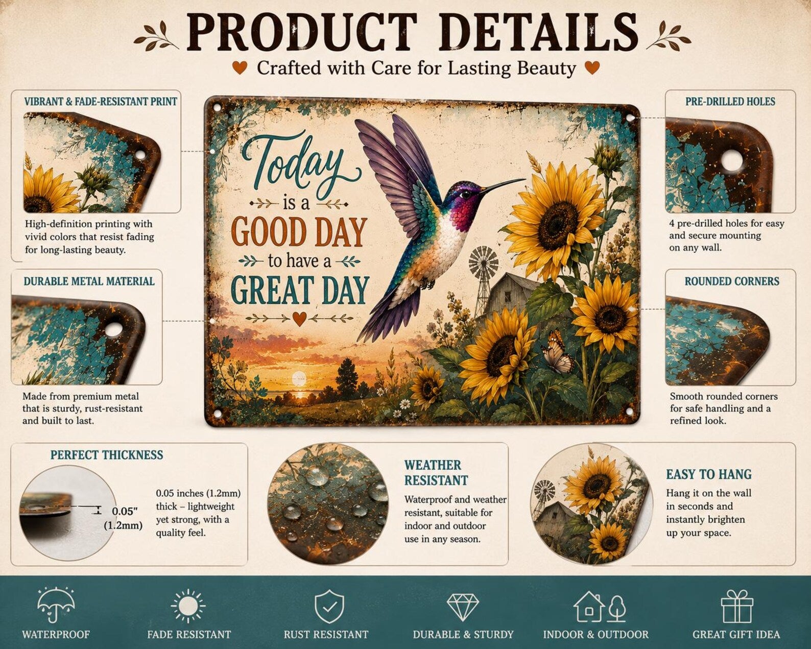Sunflower Hummingbird Metal Sign, Rustic Farmhouse Wall Decor, Inspirational Quote (12x8 inches)