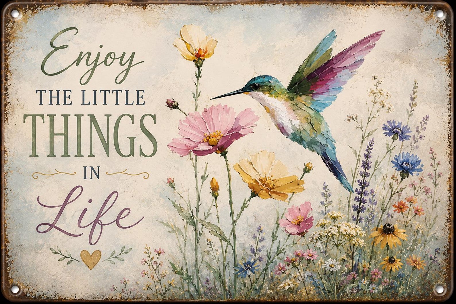 Wildflower Hummingbird Metal Wall Sign, Enjoy the Little Things in Life Decor, Cottage Garden Vintage Plaque, Nature Lover Gift