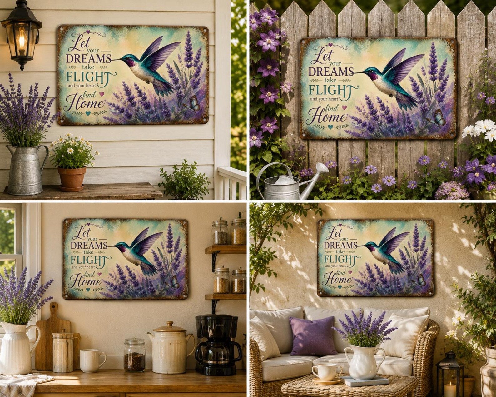 Hummingbird Lavender Metal Sign, Let Dreams Take Flight Wall Decor, Vintage Botanical Plaque