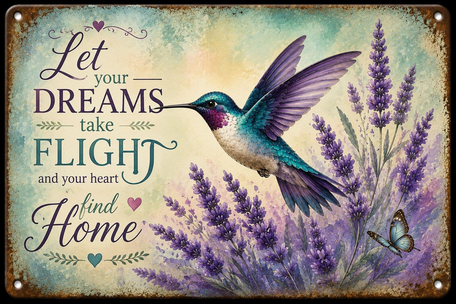 Hummingbird Lavender Metal Sign, Let Dreams Take Flight Wall Decor, Vintage Botanical Plaque