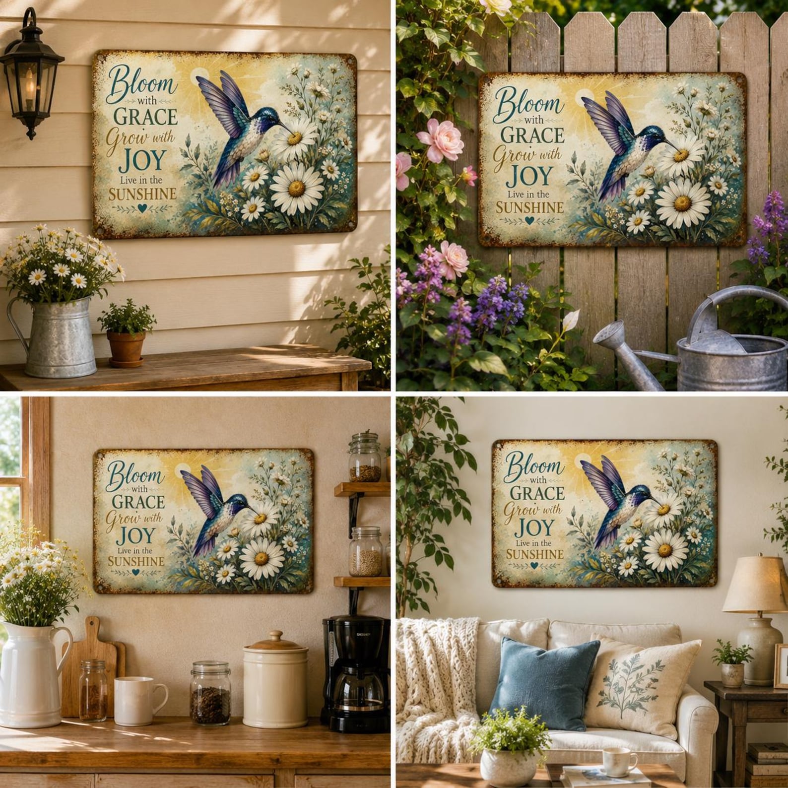 Hummingbird Daisy Metal Sign, Bloom Grow Joy Wall Art, Rustic Cottagecore Garden Decor