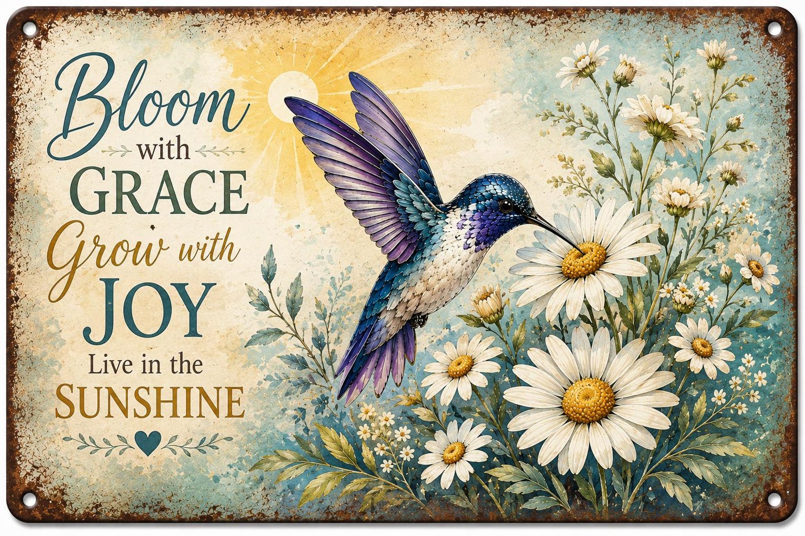 Hummingbird Daisy Metal Sign, Bloom Grow Joy Wall Art, Rustic Cottagecore Garden Decor