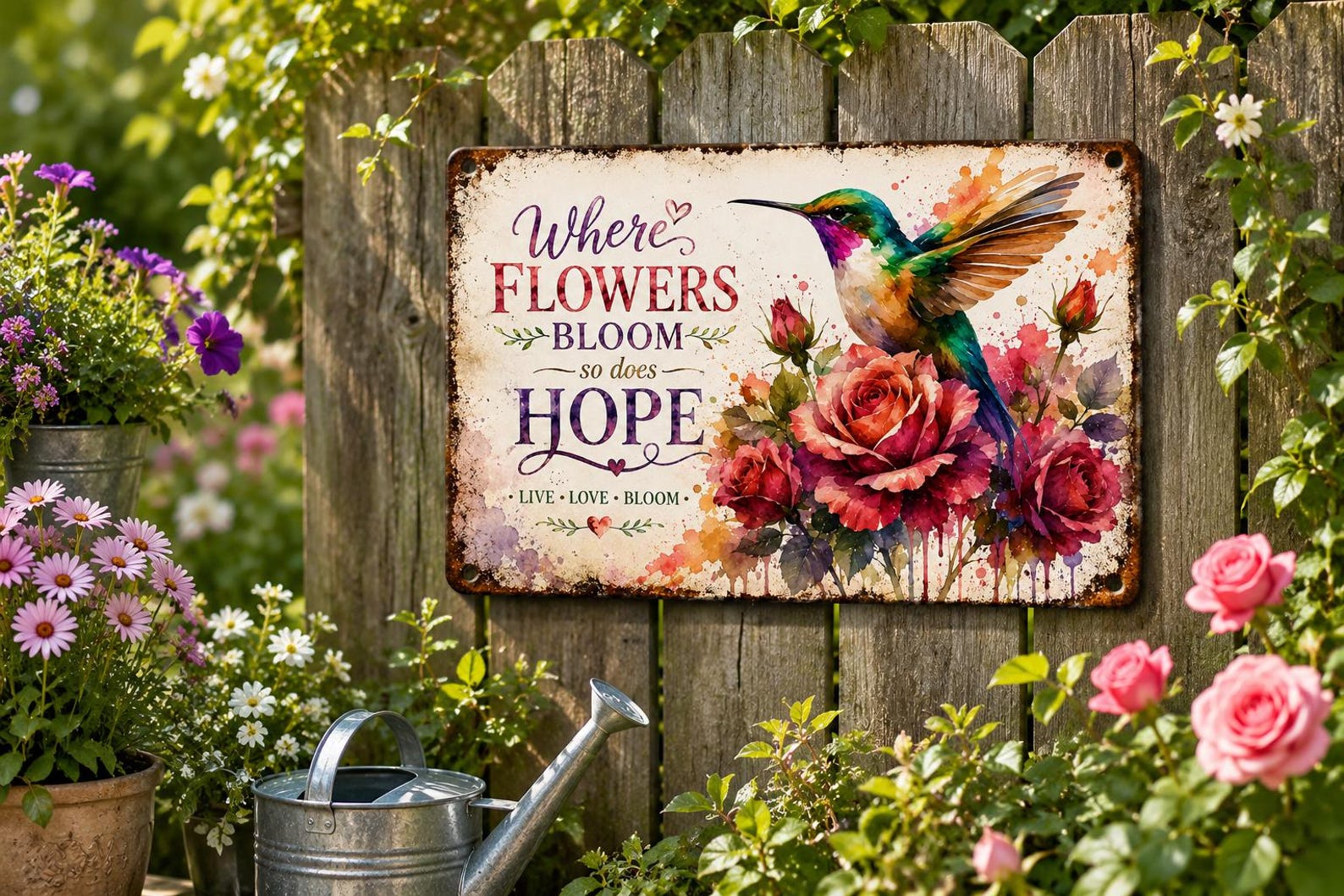 Hummingbird Rose Metal Sign, Watercolor Floral Wall Decor, Vintage Farmhouse Hope Quote