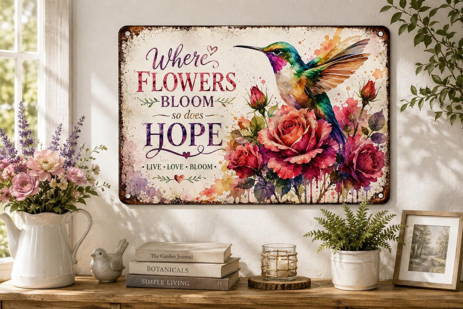Hummingbird Rose Metal Sign, Watercolor Floral Wall Decor, Vintage Farmhouse Hope Quote