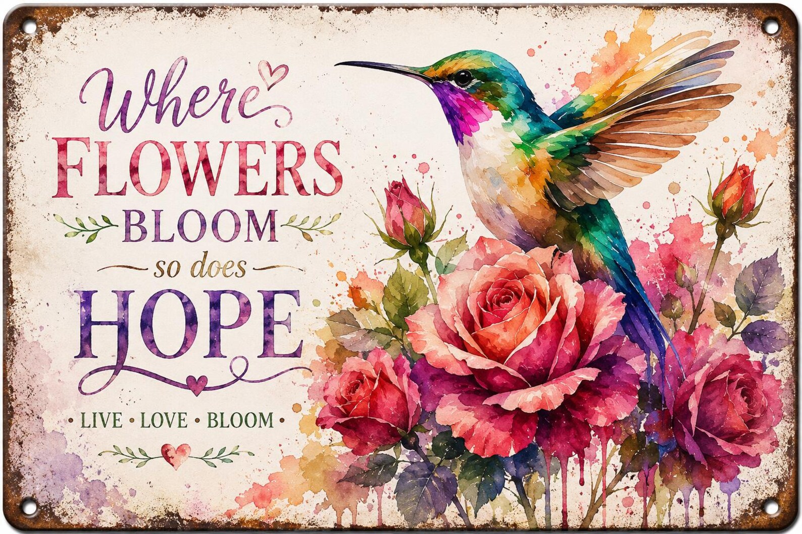 Hummingbird Rose Metal Sign, Watercolor Floral Wall Decor, Vintage Farmhouse Hope Quote