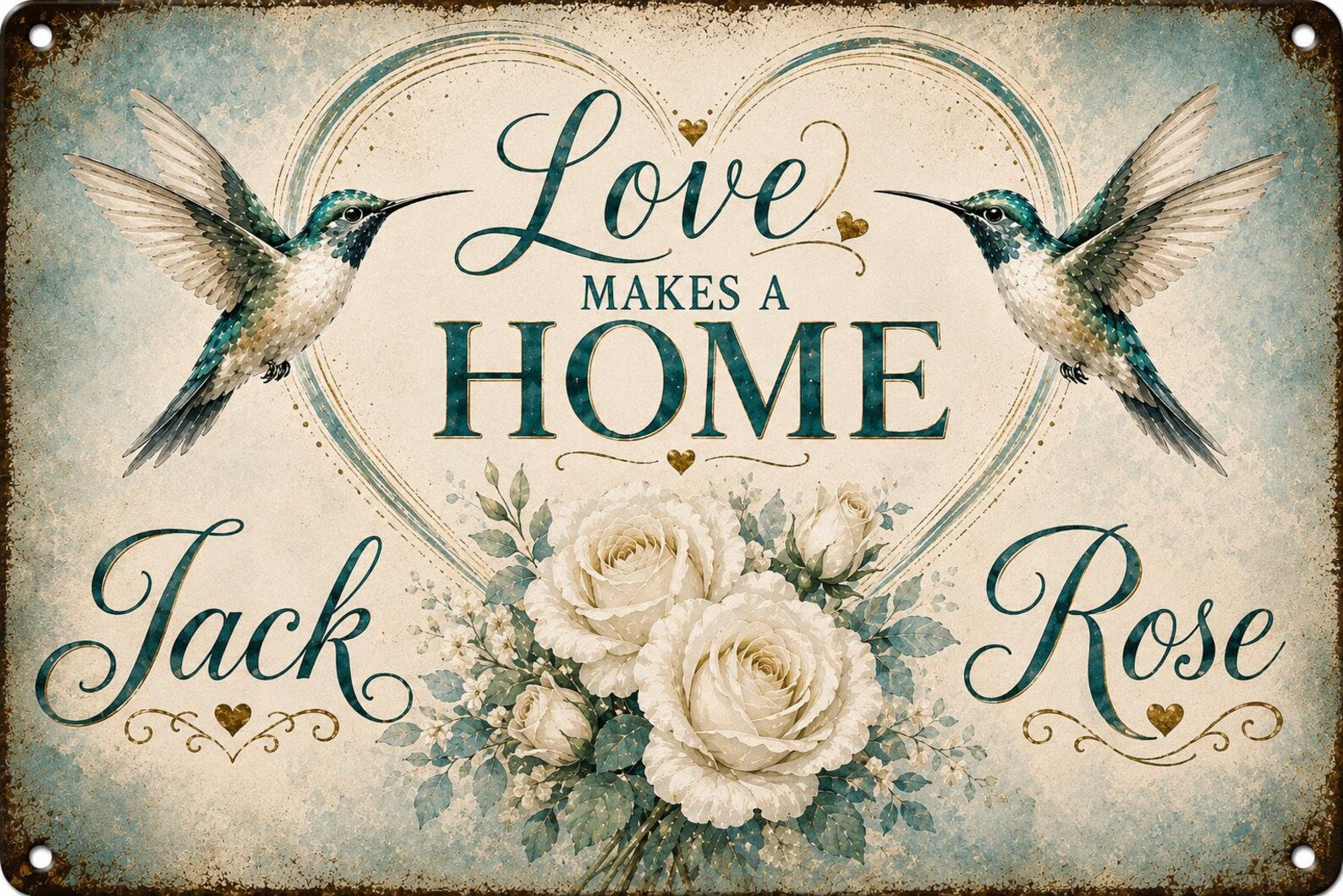 Personalized Hummingbird Metal Sign, Love Makes a Home Custom Wall Decor, Farmhouse Housewarming Gift