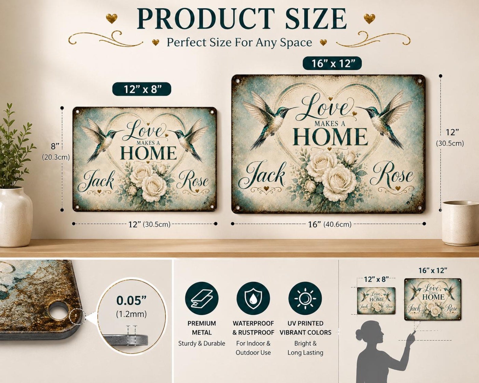 Personalized Hummingbird Metal Sign, Love Makes a Home Custom Wall Decor, Farmhouse Housewarming Gift