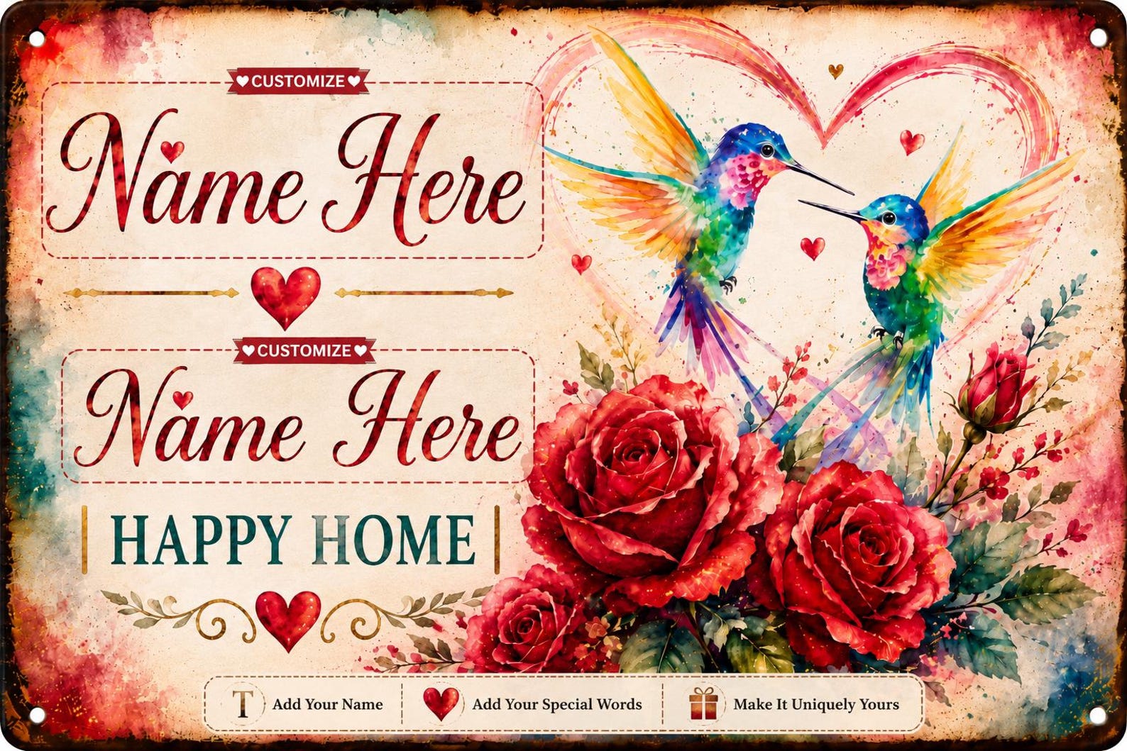 Personalized Hummingbird Couple Metal Sign, Romantic Roses Wall Decor, Anniversary Wedding Gift