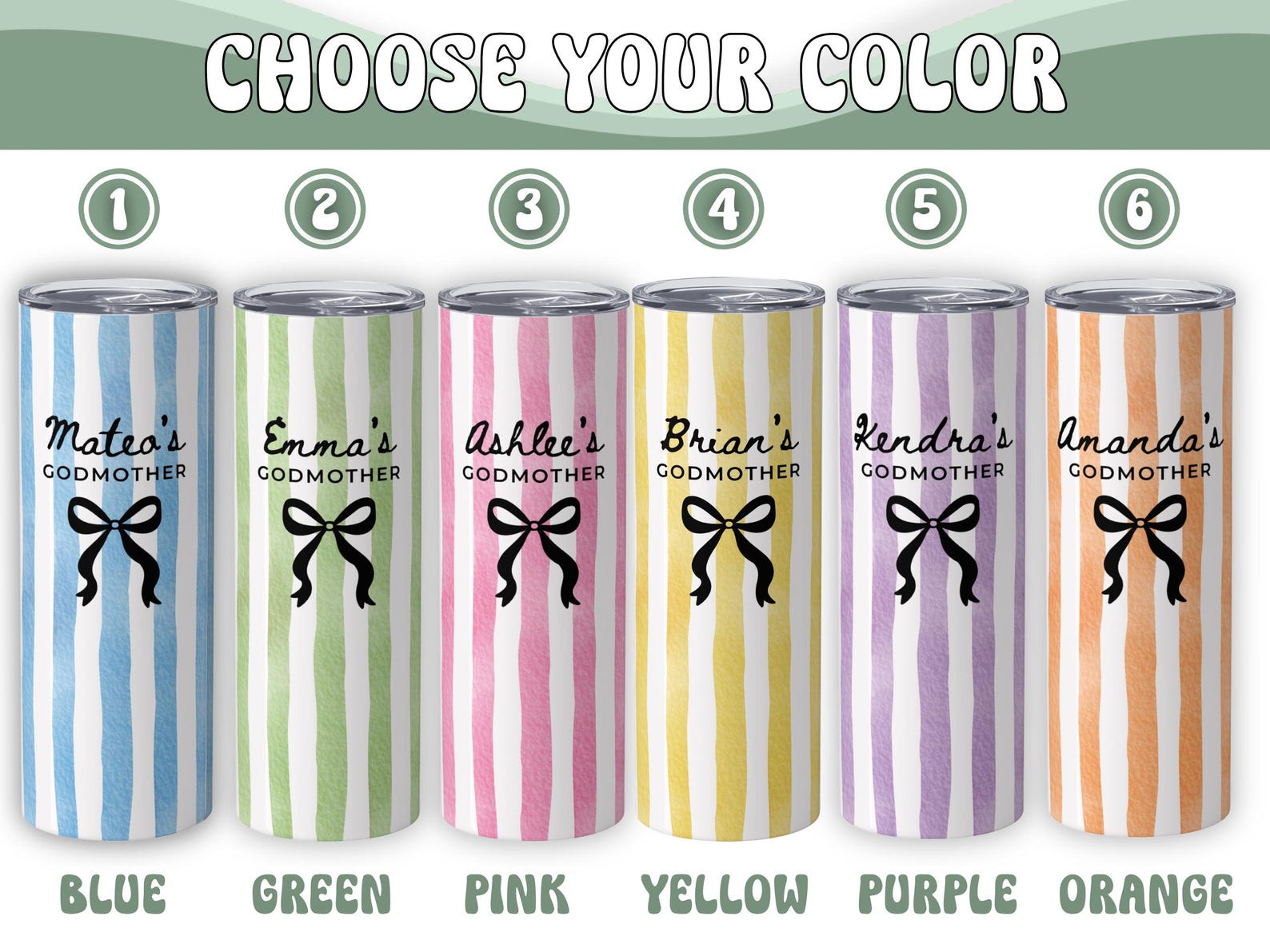 Personalized Godmother Tumbler with Name, Godmother Proposal Gift, Baptism Gift for Godmother, Watercolor Striped 20 oz Cup