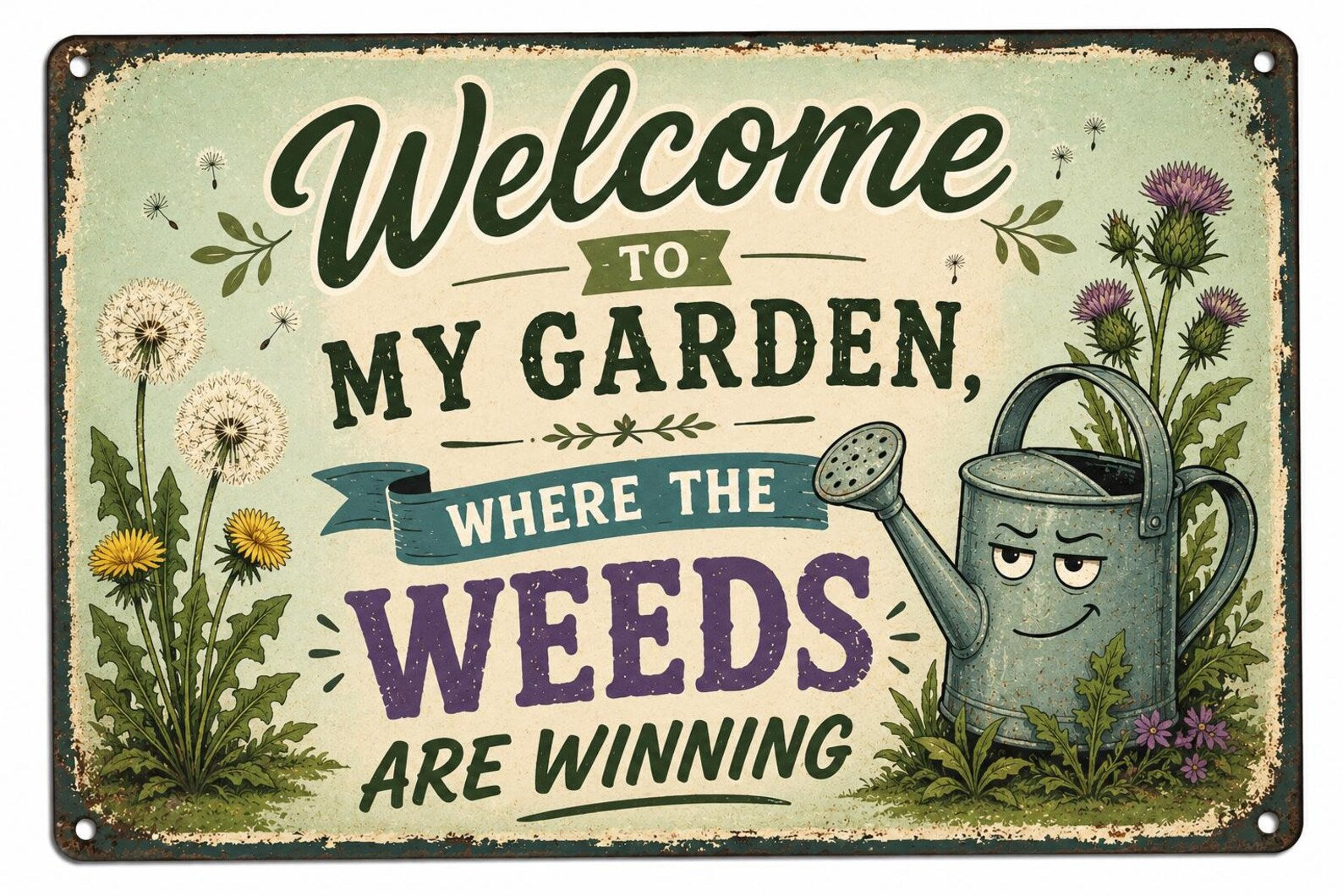 Funny Garden Metal Sign, Welcome Weeds Are Winning, Rustic Yard Decor