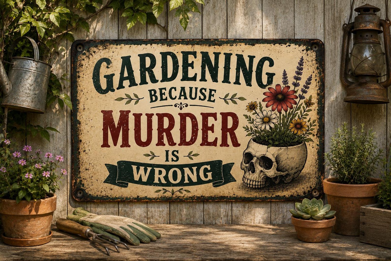 Gardening Skull Metal Sign, Gothic Flower Wall Art, Vintage Garden Decor