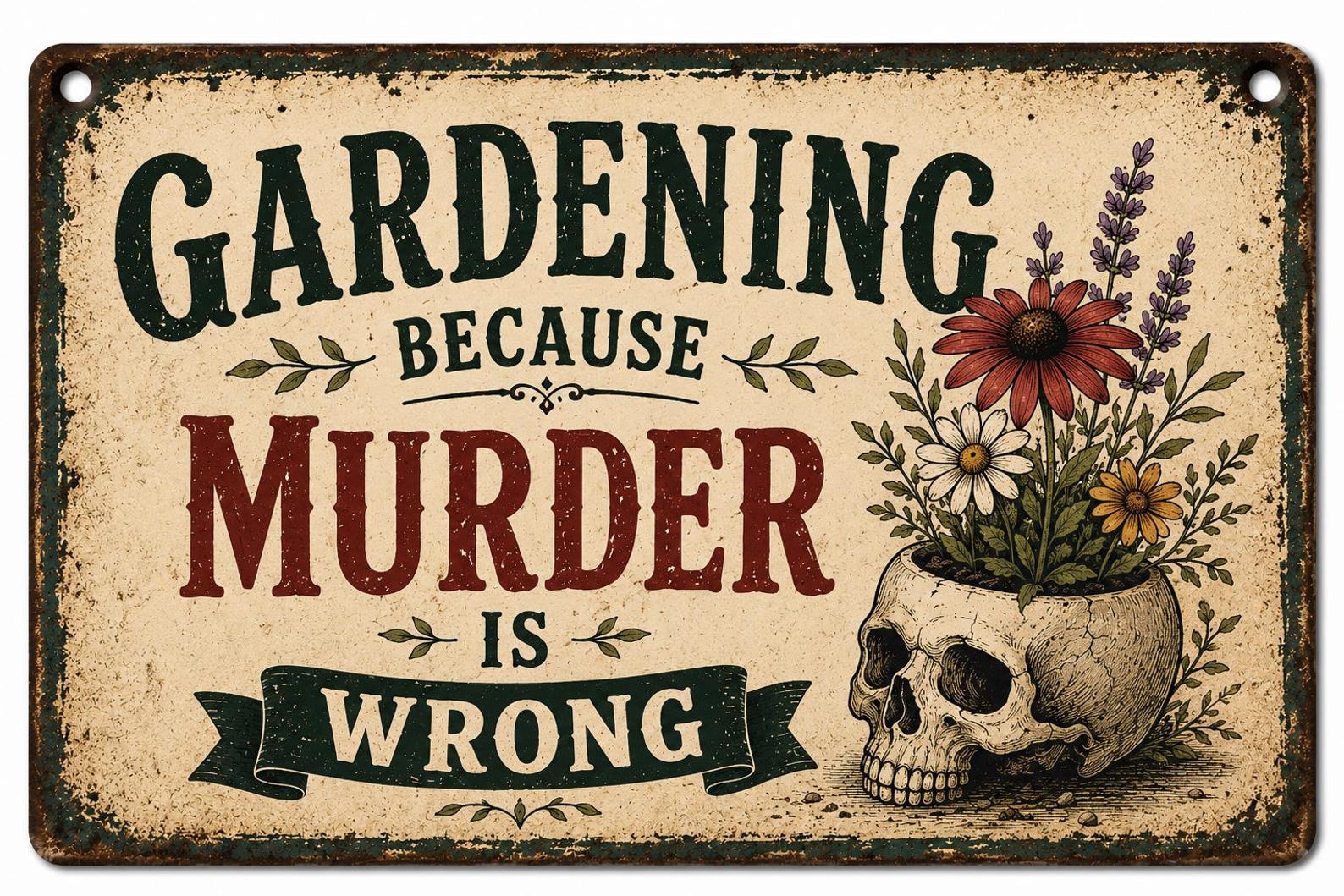 Gardening Skull Metal Sign, Gothic Flower Wall Art, Vintage Garden Decor