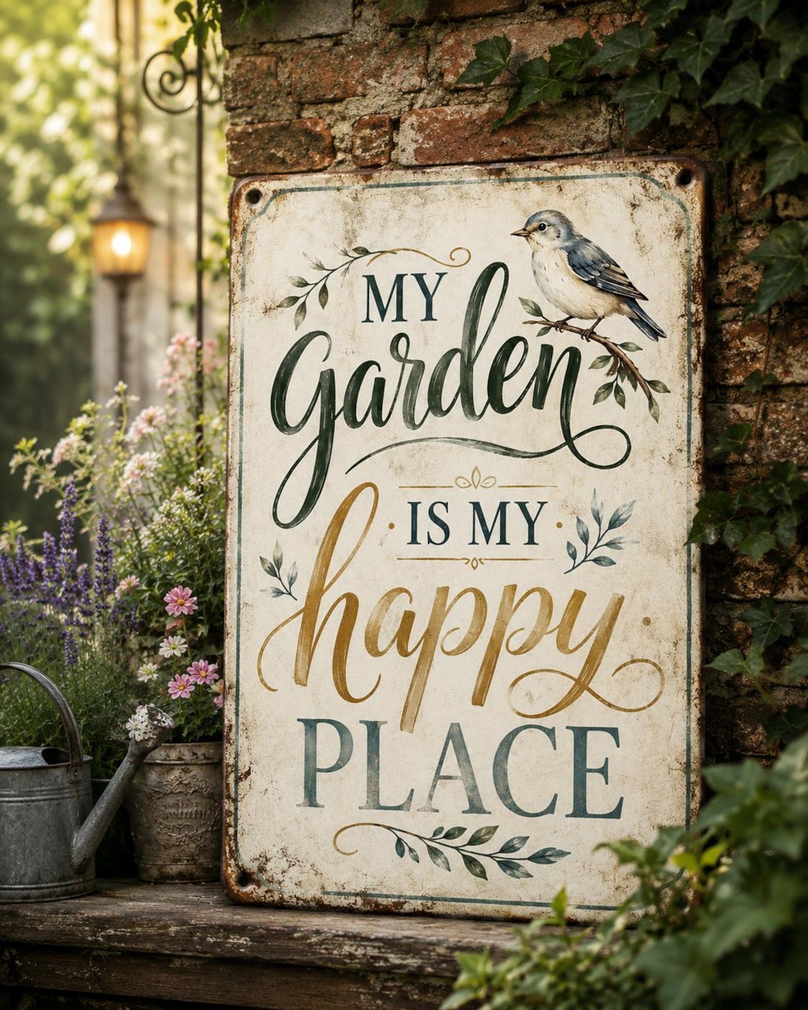 My Garden Happy Place Metal Sign, Vintage Bird Farmhouse Decor