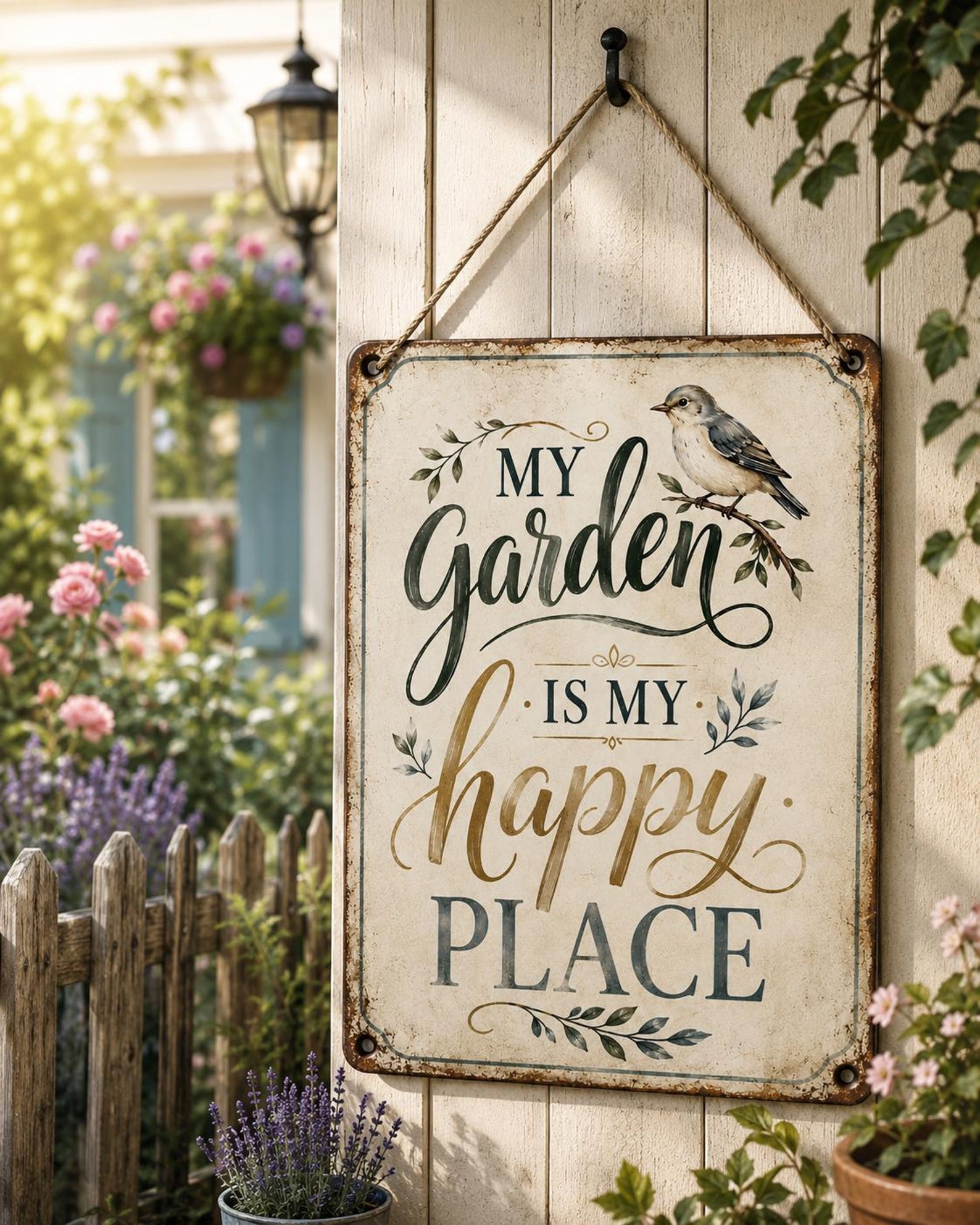 My Garden Happy Place Metal Sign, Vintage Bird Farmhouse Decor
