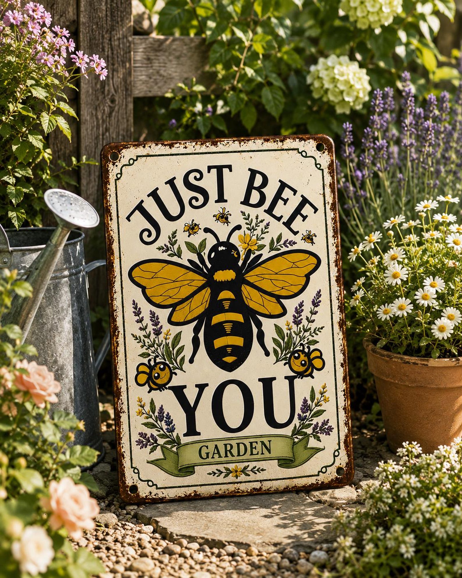 Just Bee You Garden Metal Sign, Vintage Floral Bee Wall Decor
