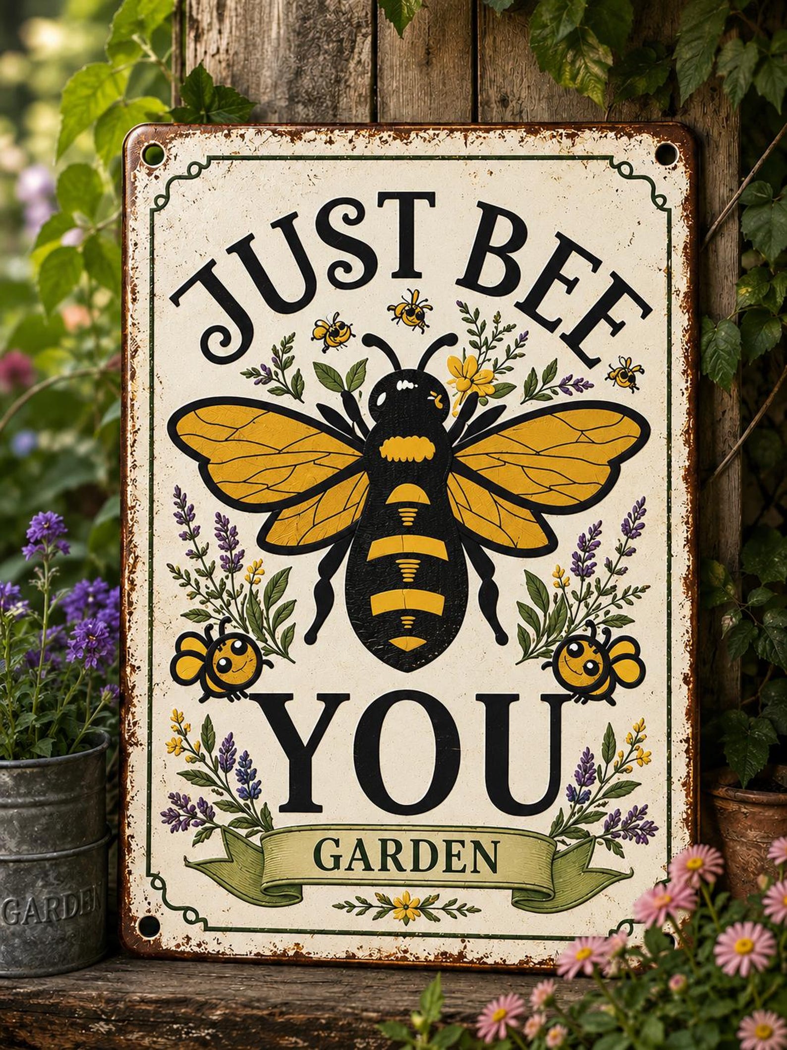 Just Bee You Garden Metal Sign, Vintage Floral Bee Wall Decor